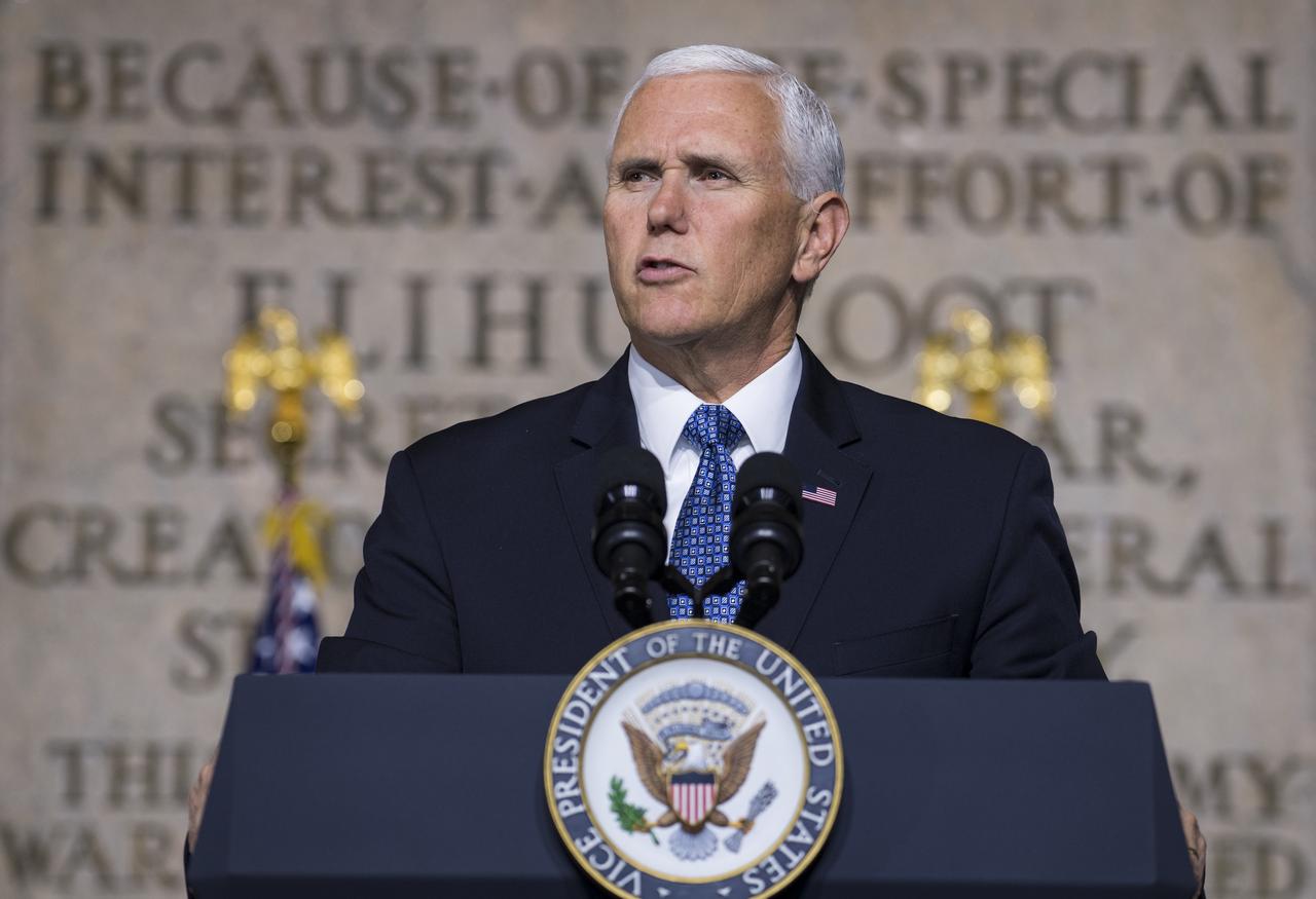 Vice President Mike Pence delivers opening remarks during the National Space Council meeting titled, Moon, Mars, and Worlds Beyond, Winning the Next Frontier, Tuesday, Oct. 23, 2018 at the National War College at Fort Lesley J. McNair in Washington. Chaired by the Vice President, the council's role is to advise the President regarding national space policy and strategy, and review the nation's long-range goals for space activities.Photo Credit: (NASA/Aubrey Gemignani)