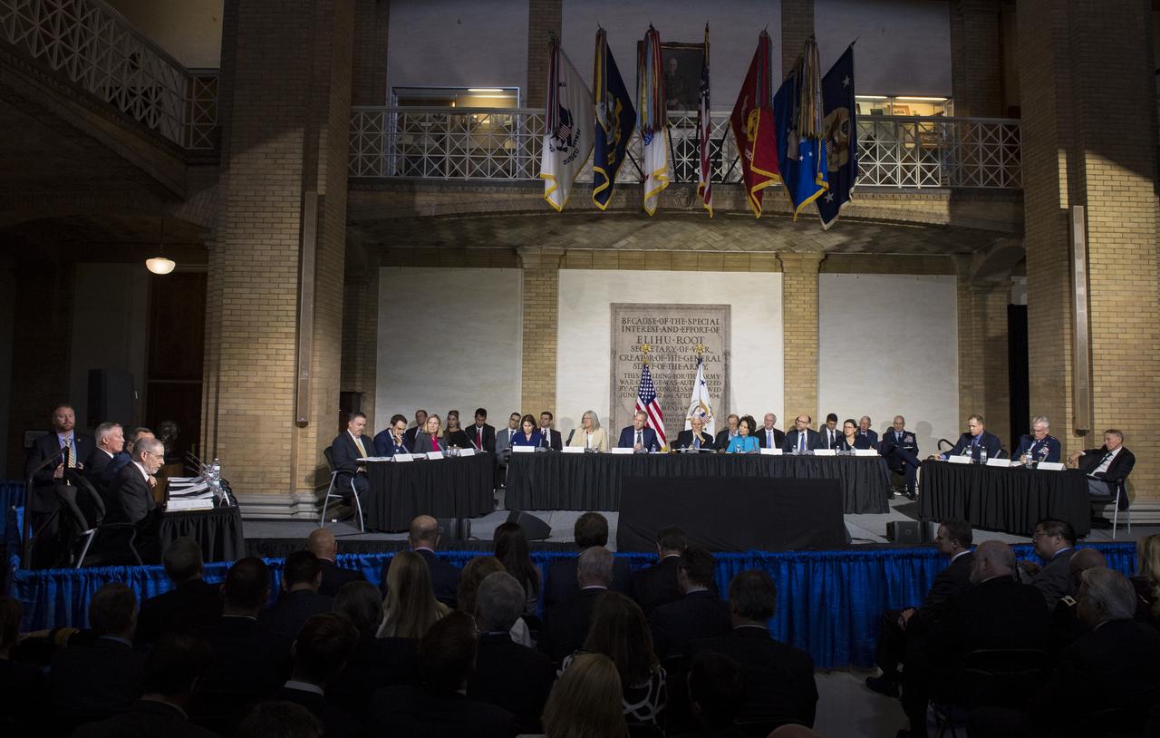 Members of the National Space Council are seen during a meeting titled, Moon, Mars, and Worlds Beyond, Winning the Next Frontier, at the National War College at Fort Lesley J. McNair, Tuesday, Oct. 23, 2018, in Washington. Chaired by the Vice President, the council's role is to advise the President regarding national space policy and strategy, and review the nation's long-range goals for space activities. Photo Credit: (NASA/Aubrey Gemignani)