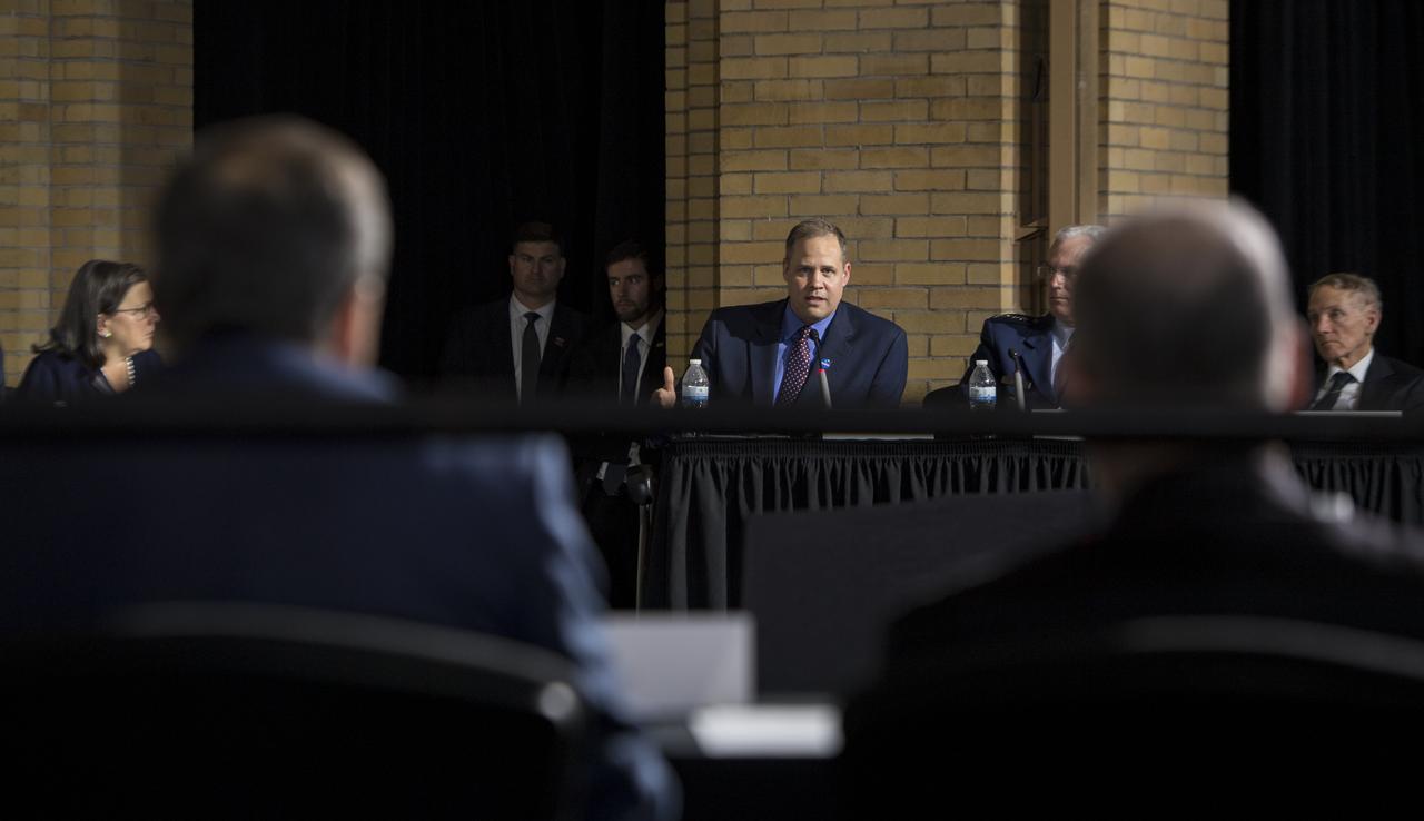 NASA Administrator Jim Bridenstine asks panelists a question during the National Space Council meeting titled, Moon, Mars, and Worlds Beyond, Winning the Next Frontier, Tuesday, Oct. 23, 2018 at the National War College at Fort Lesley J. McNair in Washington. Chaired by the Vice President, the council's role is to advise the President regarding national space policy and strategy, and review the nation's long-range goals for space activities.Photo Credit: (NASA/Aubrey Gemignani)