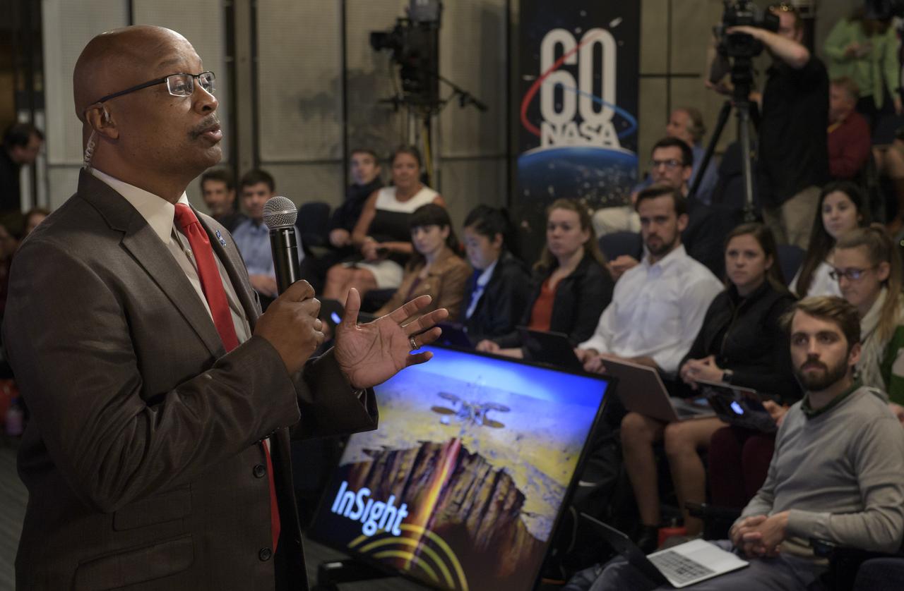 NASA Headquarters senior communications official Dwayne Brown moderates a media briefing regarding the NASA InSight Mars Lander (Interior Exploration using Seismic Investigations, Geodesy and Heat Transport), Wednesday, Oct. 31, 2018 at NASA Headquarters in Washington. InSIght will land on the Red Planet at approximately 3 p.m. EST (noon PST) Monday, Nov. 26. InSight will study the deep interior of Mars to learn how all celestial bodies with rocky surfaces, including Earth and the Moon, formed. The lander’s instruments include a seismometer to detect marsquakes and a probe to monitor the flow of heat in the planet's subsurface. Photo Credit: (NASA/Bill Ingalls)