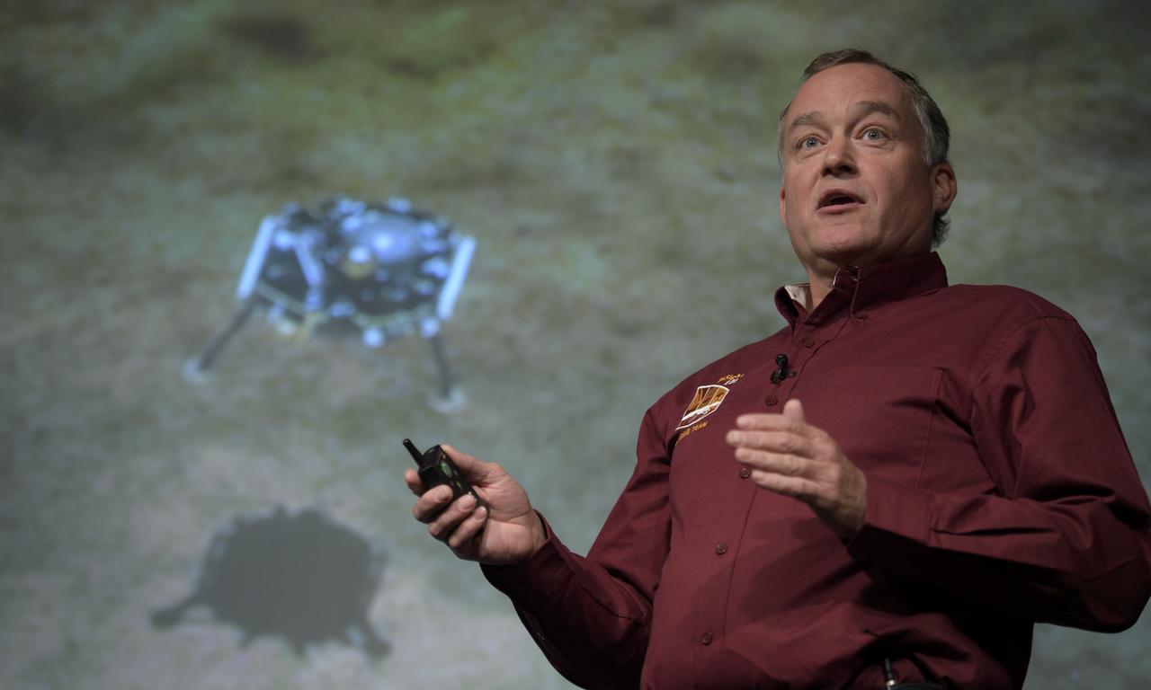 NASA's Jet Propulsion Laboratory InSight project manager Tom Hoffman gives remarks during a NASA InSight Mars Lander (Interior Exploration using Seismic Investigations, Geodesy and Heat Transport) media briefing, Wednesday, Oct. 31, 2018 at NASA Headquarters in Washington. InSIght will land on the Red Planet at approximately 3 p.m. EST (noon PST) Monday, Nov. 26. InSight will study the deep interior of Mars to learn how all celestial bodies with rocky surfaces, including Earth and the Moon, formed. The lander’s instruments include a seismometer to detect marsquakes and a probe to monitor the flow of heat in the planet's subsurface. Photo Credit: (NASA/Bill Ingalls)