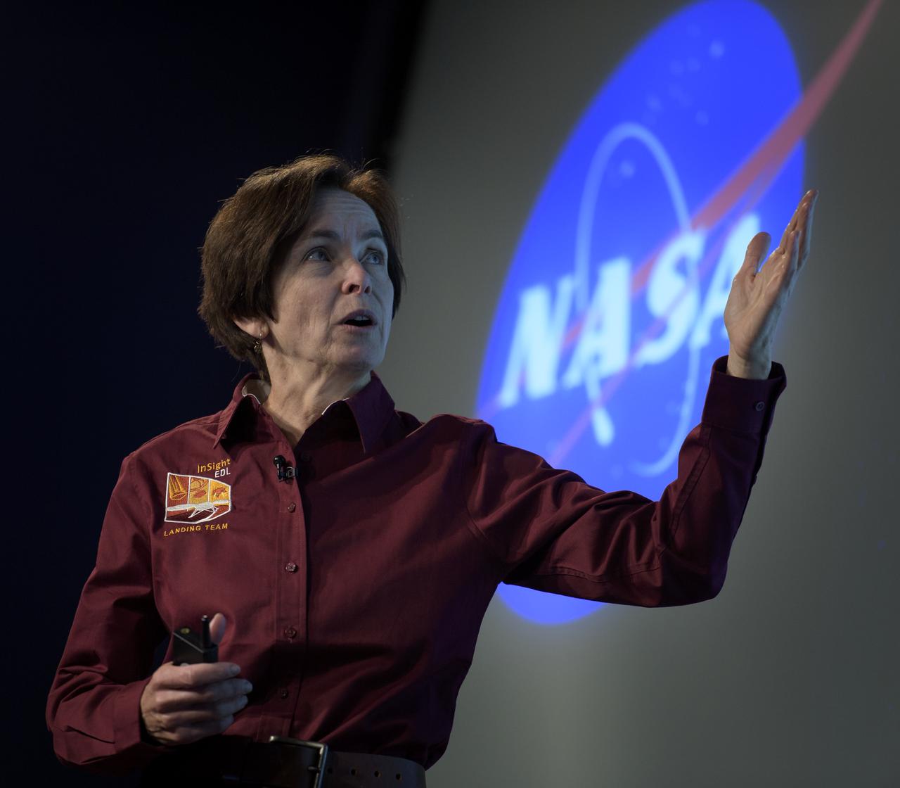 NASA's Jet Propulsion Laboratory InSight deputy principal investigator Sue Smrekar gives remarks during a NASA InSight Mars Lander (Interior Exploration using Seismic Investigations, Geodesy and Heat Transport) media briefing, Wednesday, Oct. 31, 2018 at NASA Headquarters in Washington. InSIght will land on the Red Planet at approximately 3 p.m. EST (noon PST) Monday, Nov. 26. InSight will study the deep interior of Mars to learn how all celestial bodies with rocky surfaces, including Earth and the Moon, formed. The lander’s instruments include a seismometer to detect marsquakes and a probe to monitor the flow of heat in the planet's subsurface. Photo Credit: (NASA/Bill Ingalls)