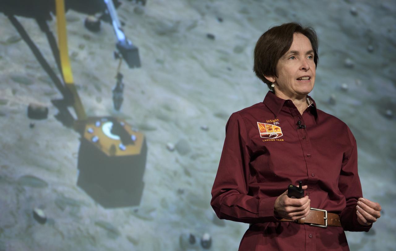 NASA's Jet Propulsion Laboratory InSight deputy principal investigator Sue Smrekar gives remarks during a NASA InSight Mars Lander (Interior Exploration using Seismic Investigations, Geodesy and Heat Transport) media briefing, Wednesday, Oct. 31, 2018 at NASA Headquarters in Washington. InSIght will land on the Red Planet at approximately 3 p.m. EST (noon PST) Monday, Nov. 26. InSight will study the deep interior of Mars to learn how all celestial bodies with rocky surfaces, including Earth and the Moon, formed. The lander’s instruments include a seismometer to detect marsquakes and a probe to monitor the flow of heat in the planet's subsurface. Photo Credit: (NASA/Bill Ingalls)
