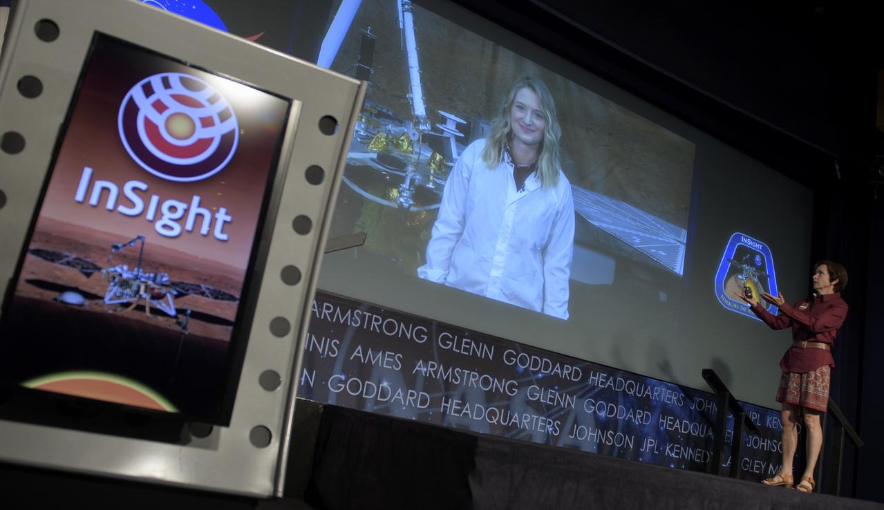 NASA's Jet Propulsion Laboratory InSight deputy principal investigator Sue Smrekar introduces NASA's Jet Propulsion Laboratory InSight instrument deployment lead Jaime Singer during a media briefing regarding the NASA InSight Mars Lander (Interior Exploration using Seismic Investigations, Geodesy and Heat Transport), Wednesday, Oct. 31, 2018 at NASA Headquarters in Washington. InSIght will land on the Red Planet at approximately 3 p.m. EST (noon PST) Monday, Nov. 26. InSight will study the deep interior of Mars to learn how all celestial bodies with rocky surfaces, including Earth and the Moon, formed. The lander’s instruments include a seismometer to detect marsquakes and a probe to monitor the flow of heat in the planet's subsurface. Photo Credit: (NASA/Bill Ingalls)