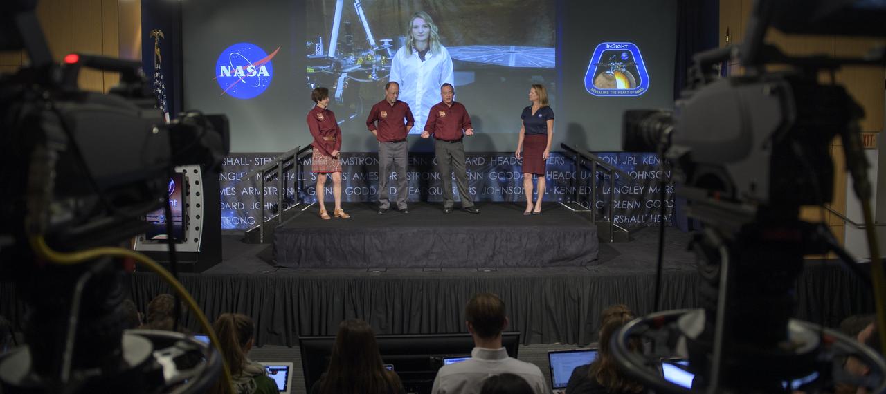 NASA's Jet Propulsion Laboratory InSight instrument deployment lead Jaime Singer, on screen, NASA's Jet Propulsion Laboratory InSight deputy principal investigator Sue Smrekar, left, NASA's Jet Propulsion Laboratory InSight principal investigator Bruce Banerdt,  NASA's Jet Propulsion Laboratory InSight project manager Tom Hoffman, and NASA Headquarters acting director of the Planetary Science Division Lori Glaze, right, discuss the NASA InSight Mars Lander (Interior Exploration using Seismic Investigations, Geodesy and Heat Transport) during  media briefing, Wednesday, Oct. 31, 2018 at NASA Headquarters in Washington. InSIght will land on the Red Planet at approximately 3 p.m. EST (noon PST) Monday, Nov. 26. InSight will study the deep interior of Mars to learn how all celestial bodies with rocky surfaces, including Earth and the Moon, formed. The lander’s instruments include a seismometer to detect marsquakes and a probe to monitor the flow of heat in the planet's subsurface. Photo Credit: (NASA/Bill Ingalls)