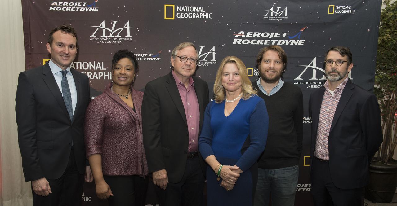 From left to right, Eric Fanning, AIA President and CEO; Christyl Johnson, deputy director for technology and research investments, NASA Goddard Space Flight Center; Dr. Stephen Petranek, MARS scientific advisor and co-executive producer; Ellen Stofan, director, Smithsonian's National Air and Space Museum; Gareth Edwards, film director, Rogue One: A Star Wars Story; and Chris Davenport, Washington Post space reporter pose for a photo before a showing of the Project Mars Competition's short films winners and the Mars series, Monday, November 5, 2018 at National Geographic Society Headquarters in Washington. Photo Credit: (NASA/Aubrey Gemignani)