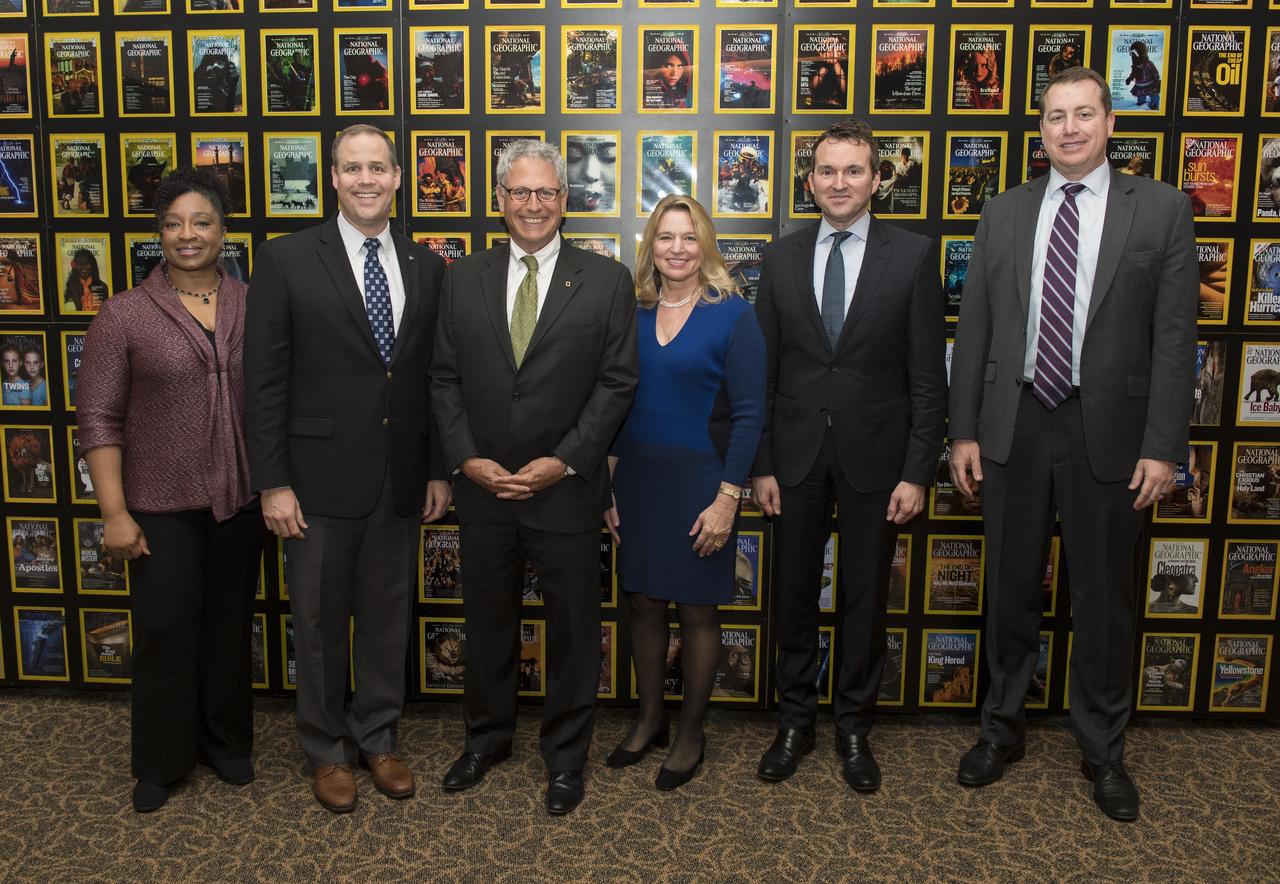 From left to right, Christyl Johnson, deputy director for technology and research investments, NASA Goddard Space Flight Center; NASA Administrator Jim Bridenstine;  Gary Knell, CEO, National Geographic Partners; Ellen Stofan, director, Smithsonian's National Air and Space Museum; Eric Fanning, AIA President and CEO; and Jeff DeWitt, NASA Chief Financial Officer, pose for a photo before a showing of the Project Mars Competition's short films winners and the Mars series, Monday, November 5, 2018 at National Geographic Society Headquarters in Washington. Photo Credit: (NASA/Aubrey Gemignani)