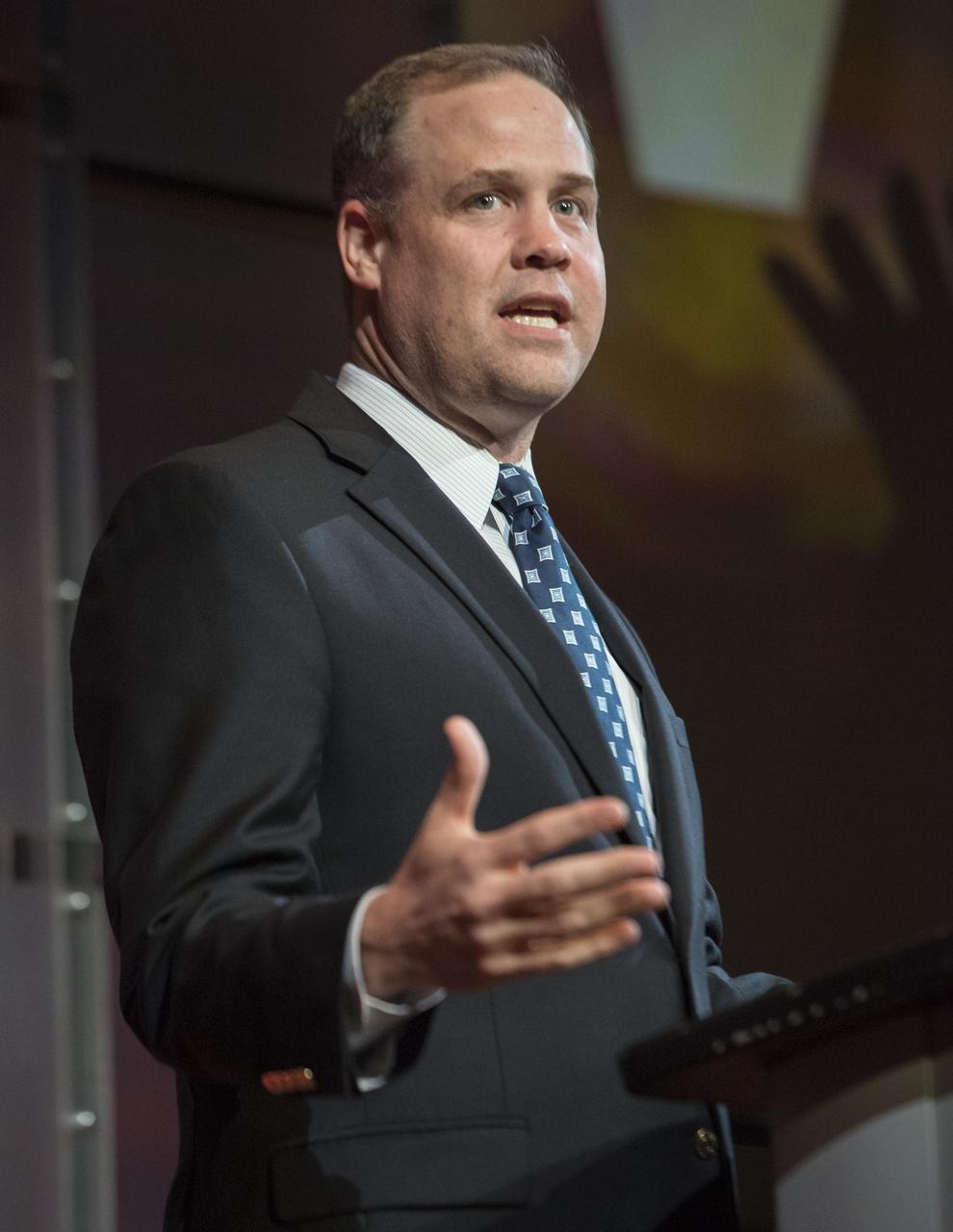 NASA Administrator Jim Bridenstine gives keynote remarks before a showing of the Project Mars Competition's short films and the Mars series, Monday, November 5, 2018 at National Geographic Society Headquarters in Washington. Photo Credit: (NASA/Aubrey Gemignani)