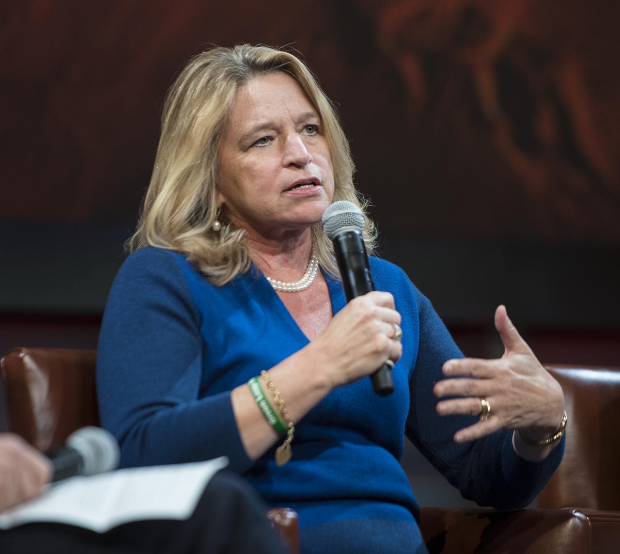 Ellen Stofan, director, Smithsonian National Air and Space Museum, speaks on a panel after a showing of the Project Mars Competition's short films and the Mars series, Monday, November 5, 2018 at National Geographic Society Headquarters in Washington. Photo Credit: (NASA/Aubrey Gemignani)