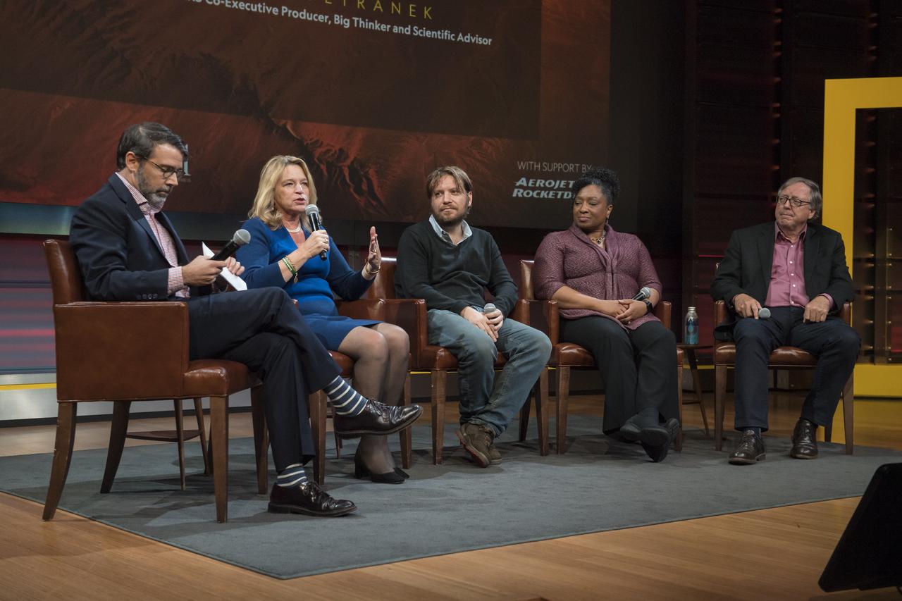 Ellen Stofan, director, Smithsonian National Air and Space Museum, speaks on a panel after a showing of the Project Mars Competition's short films and the Mars series, Monday, November 5, 2018 at National Geographic Society Headquarters in Washington. Photo Credit: (NASA/Aubrey Gemignani)