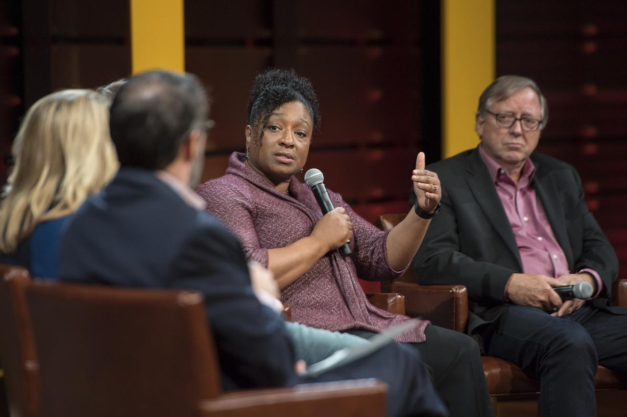 Christyl Johnson, deputy director for technology and research investments, NASA Goddard Space Flight Center, second from right, speaks on a panel after a showing of the Project Mars Competition's short films and the Mars series, Monday, November 5, 2018 at National Geographic Society Headquarters in Washington. Photo Credit: (NASA/Aubrey Gemignani)