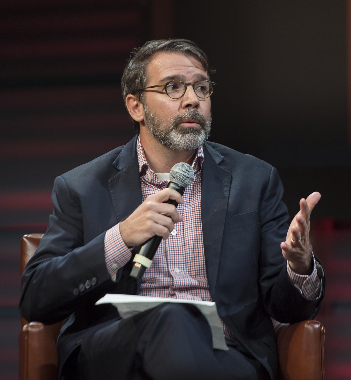Chris Davenport, Washington Post space reporter, moderates a panel after a showing of the Project Mars Competition's short films and the Mars series, Monday, November 5, 2018 at National Geographic Society Headquarters in Washington. Photo Credit: (NASA/Aubrey Gemignani)