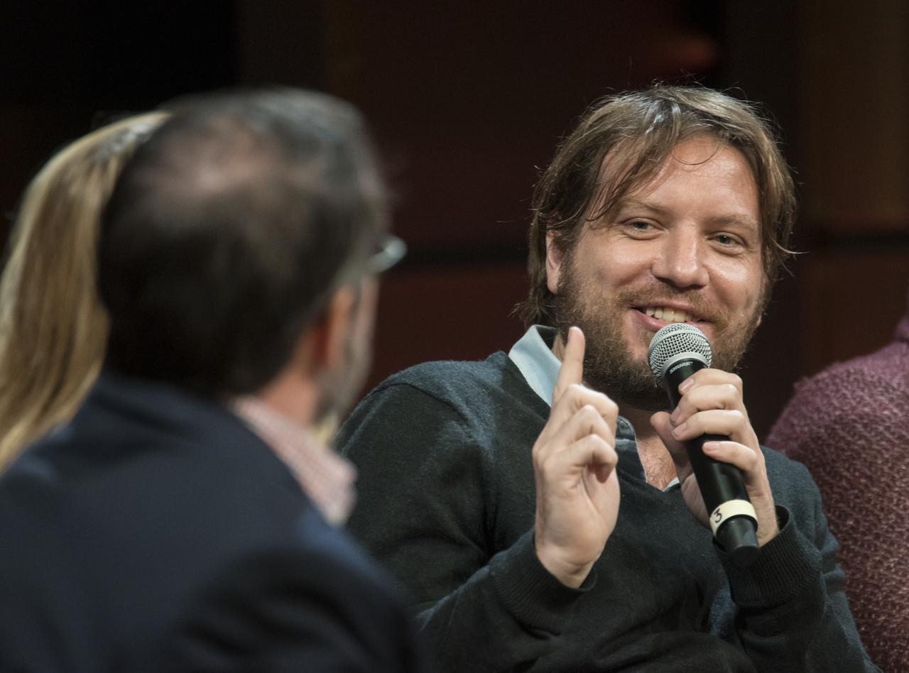 Gareth Edwards, film director, Rogue One: A Star Wars Story, speaks on a panel after a showing of the Project Mars Competition's short films and the Mars series, Monday, November 5, 2018 at National Geographic Society Headquarters in Washington. Photo Credit: (NASA/Aubrey Gemignani)