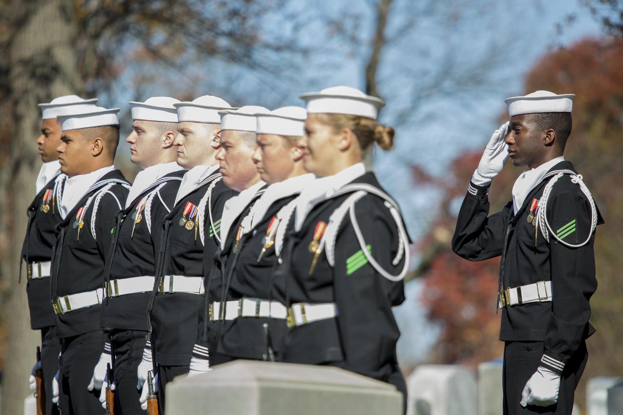 Members of a U.S. Navy firing party are seen during interment services for former astronaut Alan Bean, Thursday, Nov. 8, 2018 at Arlington National Cemetery in Virginia. Selected as an astronaut in 1963, Bean flew in space twice, becoming the fourth human to walk on the Moon on Nov. 19, 1969 and spent 59 days in space as commander of the second Skylab mission in 1973. Photo Credit: (NASA/Joel Kowsky)
