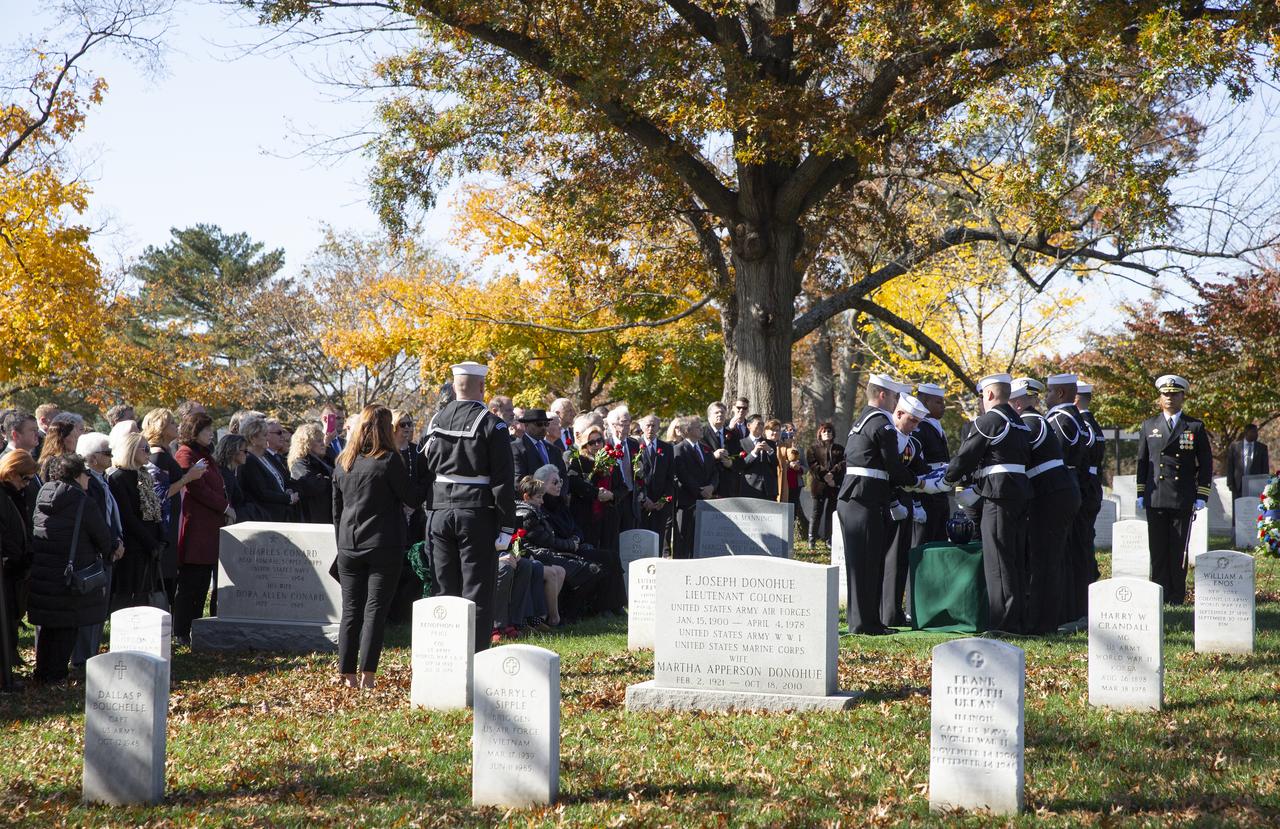 Family and friends of former astronaut Alan Bean are seen during interment services, Thursday, Nov. 8, 2018 at Arlington National Cemetery in Virginia. Selected as an astronaut in 1963, Bean flew in space twice, becoming the fourth human to walk on the Moon on Nov. 19, 1969 and spent 59 days in space as commander of the second Skylab mission in 1973. Photo Credit: (NASA/Joel Kowsky)