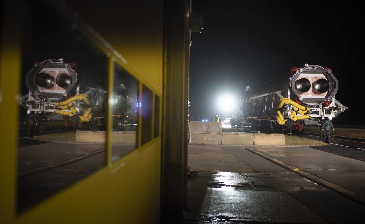 A Northrop Grumman Antares rocket is seen as it is rolled from the Horizontal Integration Facility (HIF) to Pad-0A, Monday, Nov. 12, 2018 at NASA's Wallops Flight Facility in Virginia. Northrop Grumman's 10th contracted cargo resupply mission for NASA to the International Space Station will deliver about 7,500 pounds of science and research, crew supplies and vehicle hardware to the orbital laboratory and its crew. Launch is scheduled for Nov. 15 at 4:49 a.m. EST. Photo Credit: (NASA/Joel Kowsky)