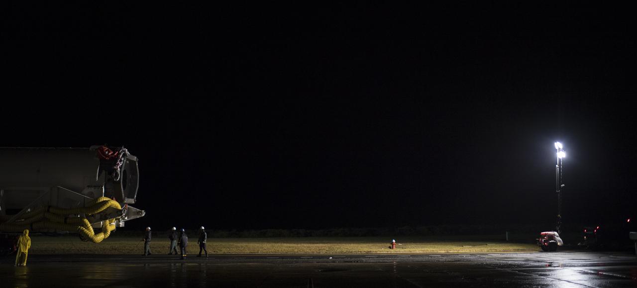 A Northrop Grumman Antares rocket is seen as it is rolled from the Horizontal Integration Facility (HIF) to Pad-0A, Monday, Nov. 12, 2018 at NASA's Wallops Flight Facility in Virginia. Northrop Grumman's 10th contracted cargo resupply mission for NASA to the International Space Station will deliver about 7,500 pounds of science and research, crew supplies and vehicle hardware to the orbital laboratory and its crew. Launch is scheduled for Nov. 15 at 4:49 a.m. EST. Photo Credit: (NASA/Joel Kowsky)