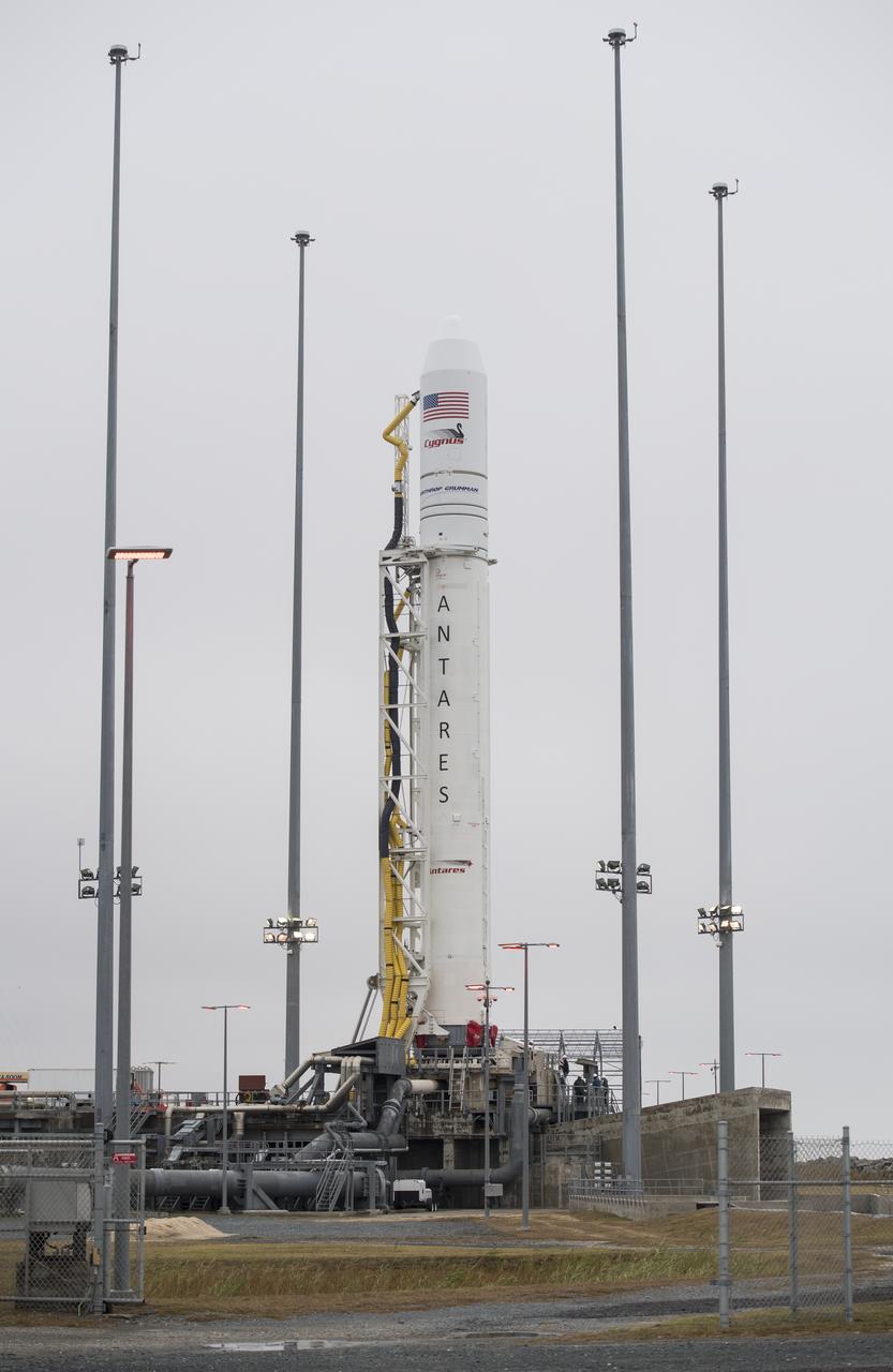 A Northrop Grumman Antares rocket carrying a Cygnus resupply spacecraft is seen on Pad-0A after being raised into a vertical position, Tuesday, Nov. 13, 2018 at NASA's Wallops Flight Facility in Virginia. Northrop Grumman's 10th contracted cargo resupply mission for NASA to the International Space Station will deliver about 7,500 pounds of science and research, crew supplies and vehicle hardware to the orbital laboratory and its crew. Launch is scheduled for Nov. 15 at 4:49 a.m. EST. Photo Credit: (NASA/Joel Kowsky)