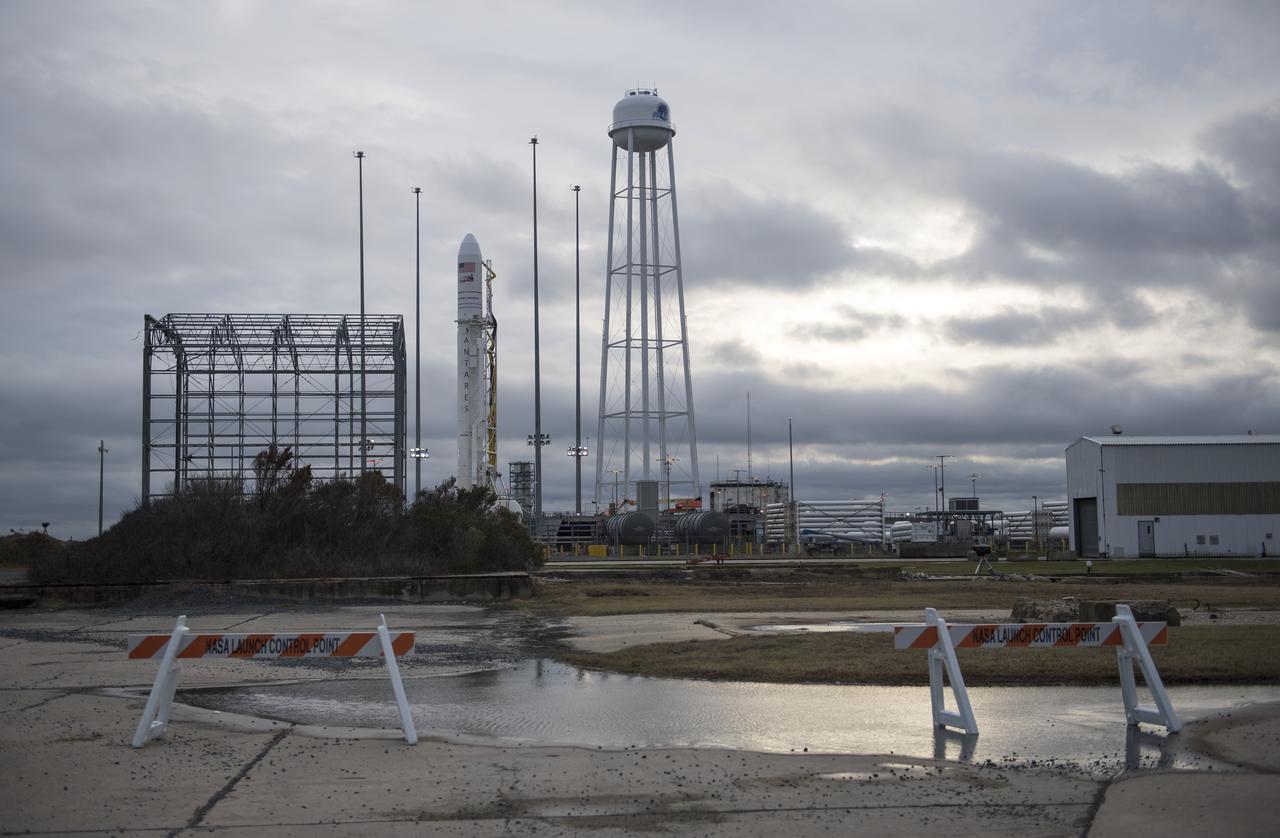 The Northrop Grumman Antares rocket, with Cygnus spacecraft onboard, is seen on Pad-0A, Tuesday, Nov. 13, 2018 at NASA's Wallops Flight Facility in Virginia. Northrop Grumman's 10th contracted cargo resupply mission for NASA to the International Space Station will deliver about 7,500 pounds of science and research, crew supplies and vehicle hardware to the orbital laboratory and its crew. Launch is scheduled for Nov. 15 at 4:49 a.m. EST. Photo Credit: (NASA/Joel Kowsky)