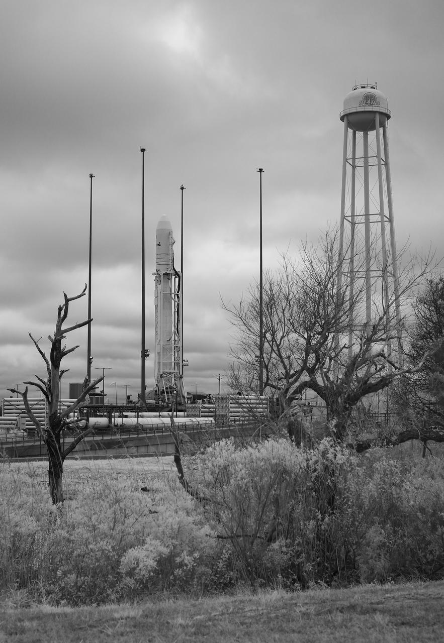 In this black and white infrared photograph, a Northrop Grumman Antares rocket carrying a Cygnus resupply spacecraft is seen on Pad-0A, Tuesday, Nov. 13, 2018 at NASA's Wallops Flight Facility in Virginia. Northrop Grumman's 10th contracted cargo resupply mission for NASA to the International Space Station will deliver about 7,500 pounds of science and research, crew supplies and vehicle hardware to the orbital laboratory and its crew. Launch is scheduled for Nov. 15 at 4:49 a.m. EST. Photo Credit: (NASA/Joel Kowsky)