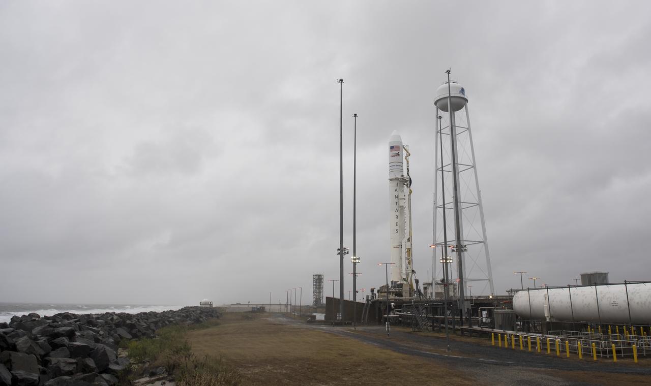 The Northrop Grumman Antares rocket, with Cygnus resupply spacecraft onboard, is seen on Pad-0A, Thursday, Nov. 15, 2018 at NASA's Wallops Flight Facility in Virginia. Northrop Grumman's 10th contracted cargo resupply mission for NASA to the International Space Station will deliver about 7,400 pounds of science and research, crew supplies and vehicle hardware to the orbital laboratory and its crew. Launch is currently targeted for Saturday, Nov. 17 at 4:01 a.m. EST. Photo Credit: (NASA/Joel Kowsky)