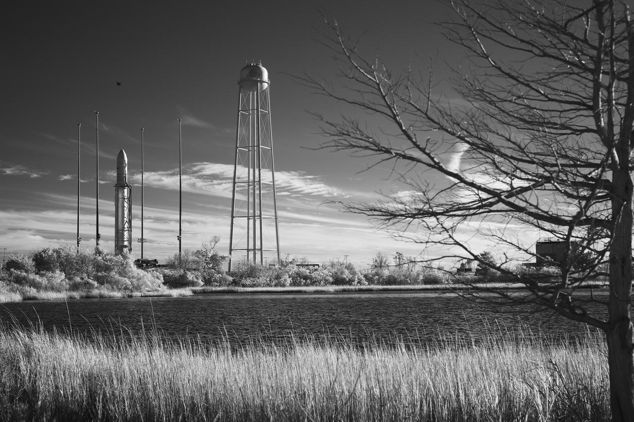 In this black and white infrared photograph, the Northrop Grumman Antares rocket, with Cygnus resupply spacecraft onboard, is seen on Pad-0A, Friday, Nov. 16, 2018 at NASA's Wallops Flight Facility in Virginia. Northrop Grumman's 10th contracted cargo resupply mission for NASA to the International Space Station will deliver about 7,400 pounds of science and research, crew supplies and vehicle hardware to the orbital laboratory and its crew. Launch is currently scheduled for Saturday, Nov. 17 at 4:01 a.m. EST. Photo Credit: (NASA/Joel Kowsky)