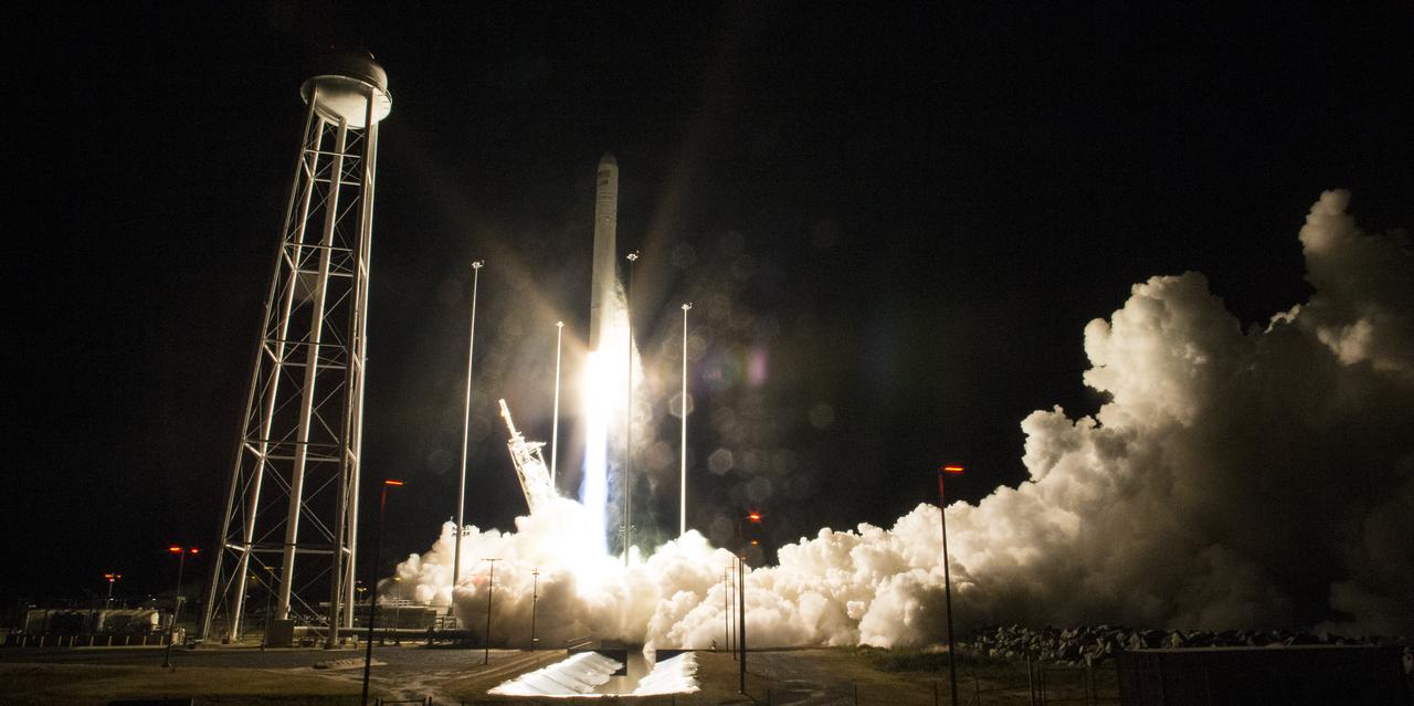 The Northrop Grumman Antares rocket, with Cygnus resupply spacecraft onboard, launches from Pad-0A, Saturday, Nov. 17, 2018 at NASA's Wallops Flight Facility in Virginia. Northrop Grumman's 10th contracted cargo resupply mission for NASA to the International Space Station will deliver about 7,400 pounds of science and research, crew supplies and vehicle hardware to the orbital laboratory and its crew. Photo Credit: (NASA/Joel Kowsky)