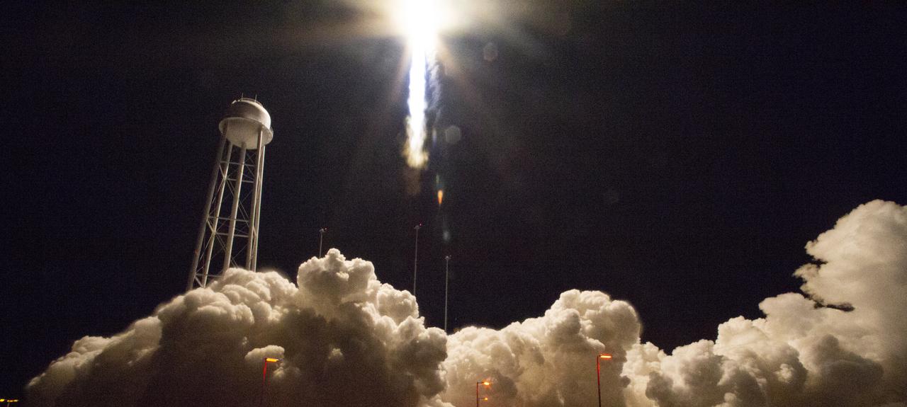 The Northrop Grumman Antares rocket, with Cygnus resupply spacecraft onboard, launches from Pad-0A, Saturday, Nov. 17, 2018 at NASA's Wallops Flight Facility in Virginia. Northrop Grumman's 10th contracted cargo resupply mission for NASA to the International Space Station will deliver about 7,400 pounds of science and research, crew supplies and vehicle hardware to the orbital laboratory and its crew. Photo Credit: (NASA/Joel Kowsky)