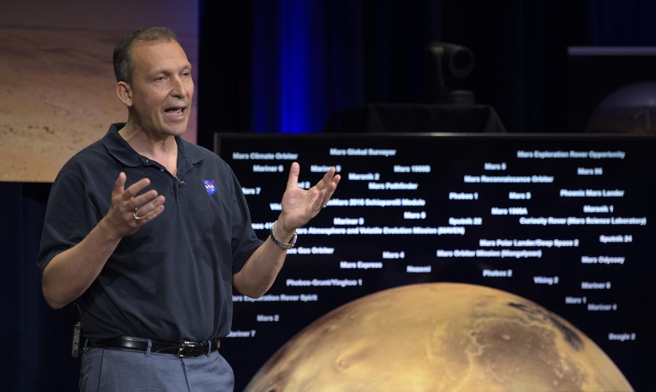 Thomas Zurbuchen, Associate Administrator of NASA’s Science Mission Directorate, NASA Headquarters talks about Mars InSight during a pre-landing briefing, Sunday, Nov. 25, 2018 at NASA's Jet Propulsion Laboratory in Pasadena, California.  InSight, short for Interior Exploration using Seismic Investigations, Geodesy and Heat Transport, is a Mars lander designed to study the "inner space" of Mars: its crust, mantle, and core. InSight is scheduled to touch down on the Red Planet at approximately noon PST (3 p.m. EST) on Nov. 26. Photo Credit: (NASA/Bill Ingalls)