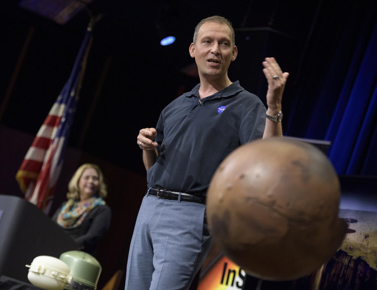 Thomas Zurbuchen, Associate Administrator of NASA’s Science Mission Directorate, NASA Headquarters, talks about Mars InSight during a pre-landing briefing, Sunday, Nov. 25, 2018 at NASA's Jet Propulsion Laboratory in Pasadena, California.  InSight, short for Interior Exploration using Seismic Investigations, Geodesy and Heat Transport, is a Mars lander designed to study the "inner space" of Mars: its crust, mantle, and core. InSight is scheduled to touch down on the Red Planet at approximately noon PST (3 p.m. EST) on Nov. 26. Photo Credit: (NASA/Bill Ingalls)