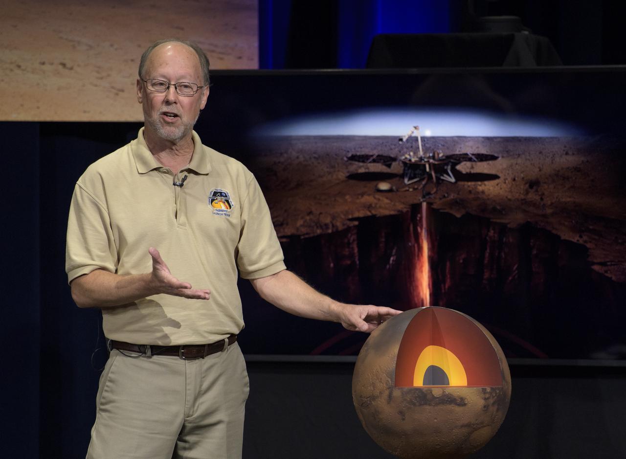 Bruce Banerdt, InSight Principal Investigator, NASA JPL, talks about Mars InSight during a pre-landing briefing, Sunday, Nov. 25, 2018 at NASA's Jet Propulsion Laboratory in Pasadena, California.  InSight, short for Interior Exploration using Seismic Investigations, Geodesy and Heat Transport, is a Mars lander designed to study the "inner space" of Mars: its crust, mantle, and core. InSight is scheduled to touch down on the Red Planet at approximately noon PST (3 p.m. EST) on Nov. 26. Photo Credit: (NASA/Bill Ingalls)