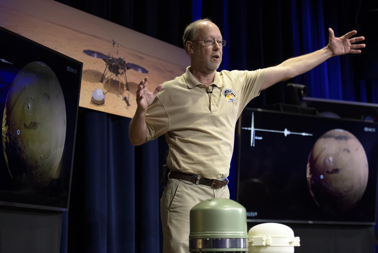 Bruce Banerdt, InSight Principal Investigator, NASA JPL, talks about Mars InSight during a pre-landing briefing, Sunday, Nov. 25, 2018 at NASA's Jet Propulsion Laboratory in Pasadena, California.  InSight, short for Interior Exploration using Seismic Investigations, Geodesy and Heat Transport, is a Mars lander designed to study the "inner space" of Mars: its crust, mantle, and core. InSight is scheduled to touch down on the Red Planet at approximately noon PST (3 p.m. EST) on Nov. 26. Photo Credit: (NASA/Bill Ingalls)