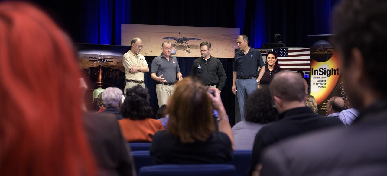 From left to right: Bruce Banerdt, InSight Principal Investigator, NASA JPL; Tom Hoffman, InSight Project Manager, NASA JPL; Brian Clement, Planetary Protection lead for MarCO, NASA JPL; Thomas Zurbuchen, Associate Administrator of NASA’s Science Mission Directorate, NASA Headquarters; and Julie Wertz-Chen, Entry, Descent and Landing systems engineer, NASA JPL, talk about Mars InSight and Mars Cube One (MarCO) during a pre-landing briefing, Sunday, Nov. 25, 2018 at NASA's Jet Propulsion Laboratory in Pasadena, California.  InSight, short for Interior Exploration using Seismic Investigations, Geodesy and Heat Transport, is a Mars lander designed to study the "inner space" of Mars: its crust, mantle, and core. InSight is scheduled to touch down on the Red Planet at approximately noon PST (3 p.m. EST) on Nov. 26. Photo Credit: (NASA/Bill Ingalls)