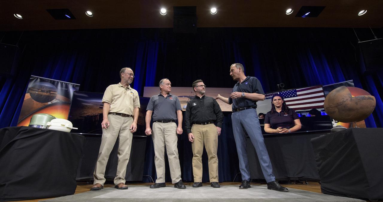 From left to right: Bruce Banerdt, InSight Principal Investigator, NASA JPL; Tom Hoffman, InSight Project Manager, NASA JPL; Brian Clement, Planetary Protection lead for MarCO, NASA JPL; Thomas Zurbuchen, Associate Administrator of NASA’s Science Mission Directorate, NASA Headquarters; and Julie Wertz-Chen, Entry, Descent and Landing systems engineer, NASA JPL, talk about Mars InSight and Mars Cube One (MarCO) during a pre-landing briefing, Sunday, Nov. 25, 2018 at NASA's Jet Propulsion Laboratory in Pasadena, California.  InSight, short for Interior Exploration using Seismic Investigations, Geodesy and Heat Transport, is a Mars lander designed to study the "inner space" of Mars: its crust, mantle, and core. InSight is scheduled to touch down on the Red Planet at approximately noon PST (3 p.m. EST) on Nov. 26. Photo Credit: (NASA/Bill Ingalls)