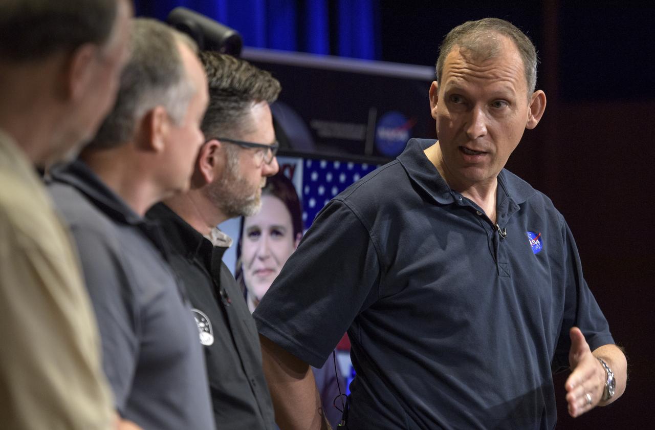 Thomas Zurbuchen, Associate Administrator of NASA’s Science Mission Directorate, NASA Headquarters, right, talks about Mars InSight during a pre-landing briefing, Sunday, Nov. 25, 2018 at NASA's Jet Propulsion Laboratory in Pasadena, California.  InSight, short for Interior Exploration using Seismic Investigations, Geodesy and Heat Transport, is a Mars lander designed to study the "inner space" of Mars: its crust, mantle, and core. InSight is scheduled to touch down on the Red Planet at approximately noon PST (3 p.m. EST) on Nov. 26. Photo Credit: (NASA/Bill Ingalls)