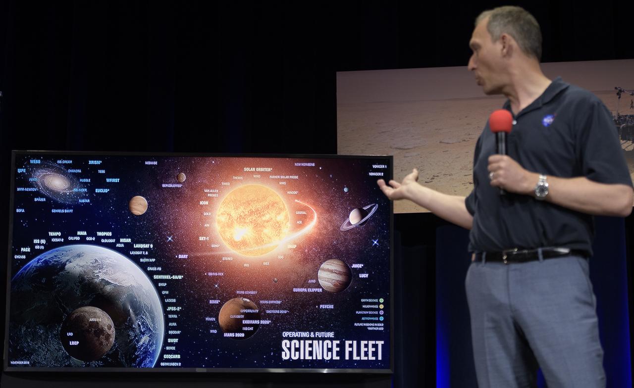 Thomas Zurbuchen, Associate Administrator of NASA’s Science Mission Directorate, NASA Headquarters talks about Mars InSight during a social media briefing, Sunday, Nov. 25, 2018 at NASA's Jet Propulsion Laboratory in Pasadena, California.  InSight, short for Interior Exploration using Seismic Investigations, Geodesy and Heat Transport, is a Mars lander designed to study the "inner space" of Mars: its crust, mantle, and core. InSight is scheduled to touch down on the Red Planet at approximately noon PST (3 p.m. EST) on Nov. 26. Photo Credit: (NASA/Bill Ingalls)