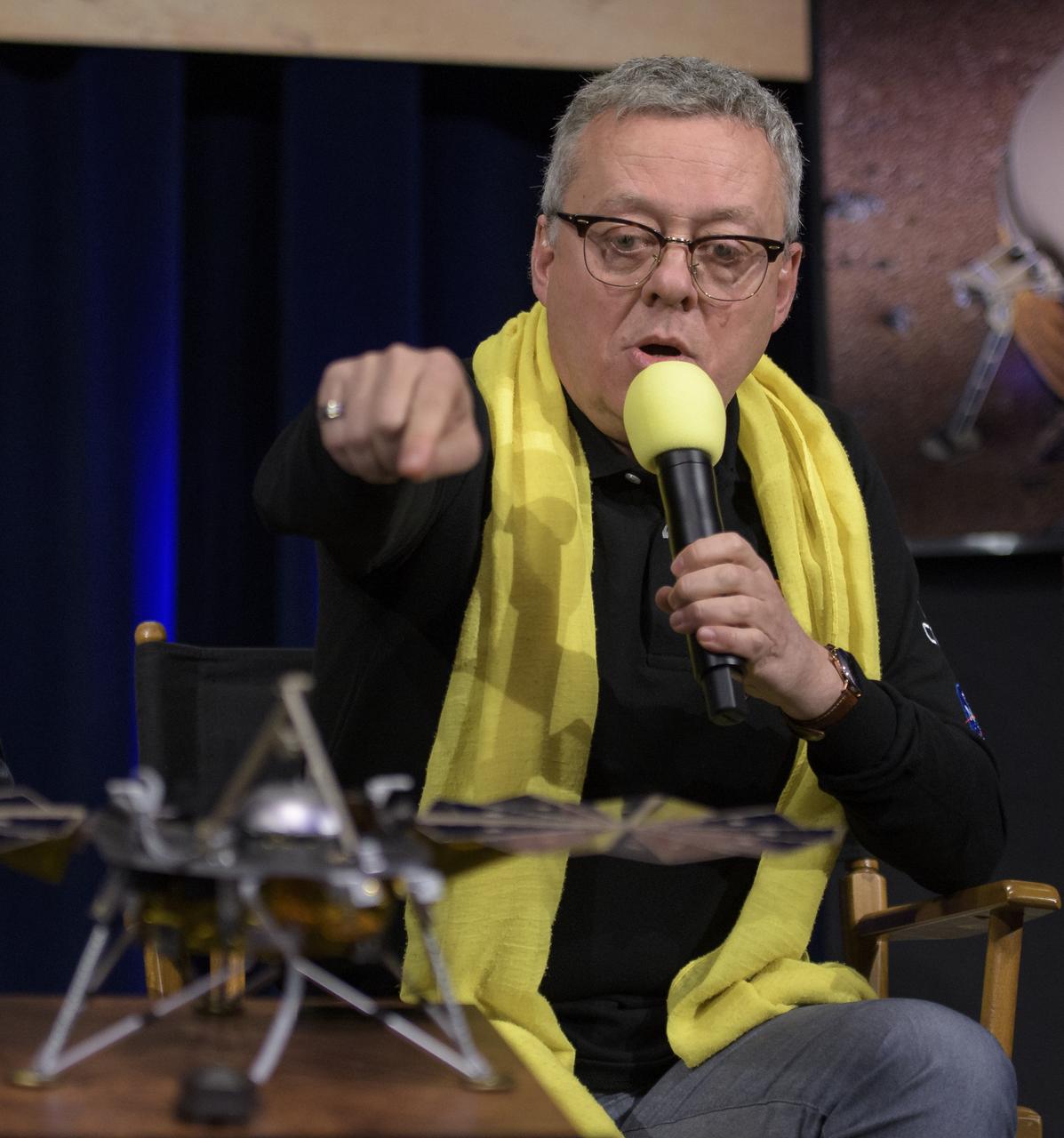 Philippe Laudet, SEIS Project Manager, French National Space Agency (CNES) talks about Mars InSight during a social media briefing, Sunday, Nov. 25, 2018 at NASA's Jet Propulsion Laboratory in Pasadena, California.  InSight, short for Interior Exploration using Seismic Investigations, Geodesy and Heat Transport, is a Mars lander designed to study the "inner space" of Mars: its crust, mantle, and core. InSight is scheduled to touch down on the Red Planet at approximately noon PST (3 p.m. EST) on Nov. 26. Photo Credit: (NASA/Bill Ingalls)