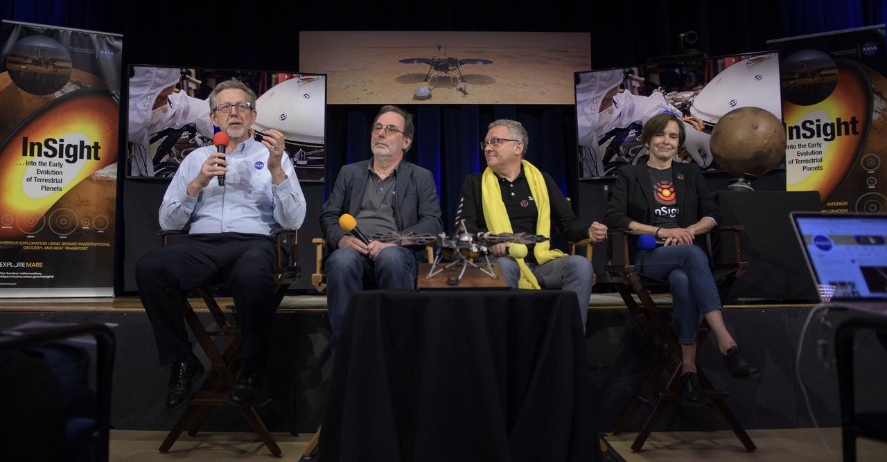 From left to right: NASA Chief Scientist Jim Green; HP3 Principle Investigator, German Aerospace Center (DLR), Tilman Spohn; SEIS Project Manager, French National Space Agency (CNES), Philippe Laudet; and InSight deputy principal investigator, NASA JPL, Sue Smrekar talk about Mars InSight during a social media briefing, Sunday, Nov. 25, 2018 at NASA's Jet Propulsion Laboratory in Pasadena, California.  InSight, short for Interior Exploration using Seismic Investigations, Geodesy and Heat Transport, is a Mars lander designed to study the "inner space" of Mars: its crust, mantle, and core. InSight is scheduled to touch down on the Red Planet at approximately noon PST (3 p.m. EST) on Nov. 26. Photo Credit: (NASA/Bill Ingalls)