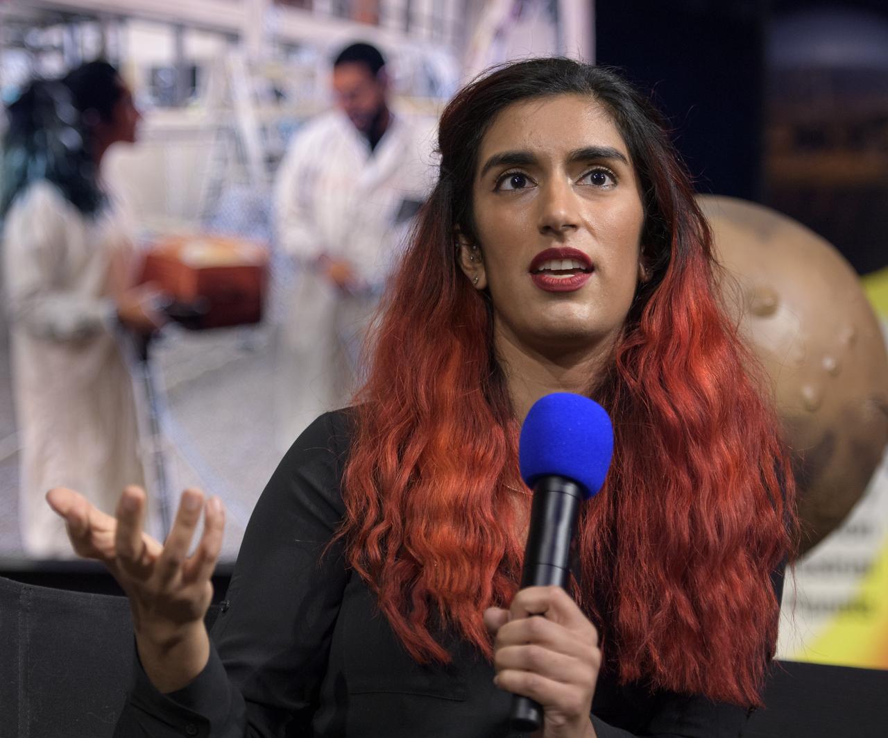 Farah Alibay, Payload Systems Engineer, NASA JPL, talks about Mars InSight during a social media briefing, Sunday, Nov. 25, 2018 at NASA's Jet Propulsion Laboratory in Pasadena, California.  InSight, short for Interior Exploration using Seismic Investigations, Geodesy and Heat Transport, is a Mars lander designed to study the "inner space" of Mars: its crust, mantle, and core. InSight is scheduled to touch down on the Red Planet at approximately noon PST (3 p.m. EST) on Nov. 26. Photo Credit: (NASA/Bill Ingalls)