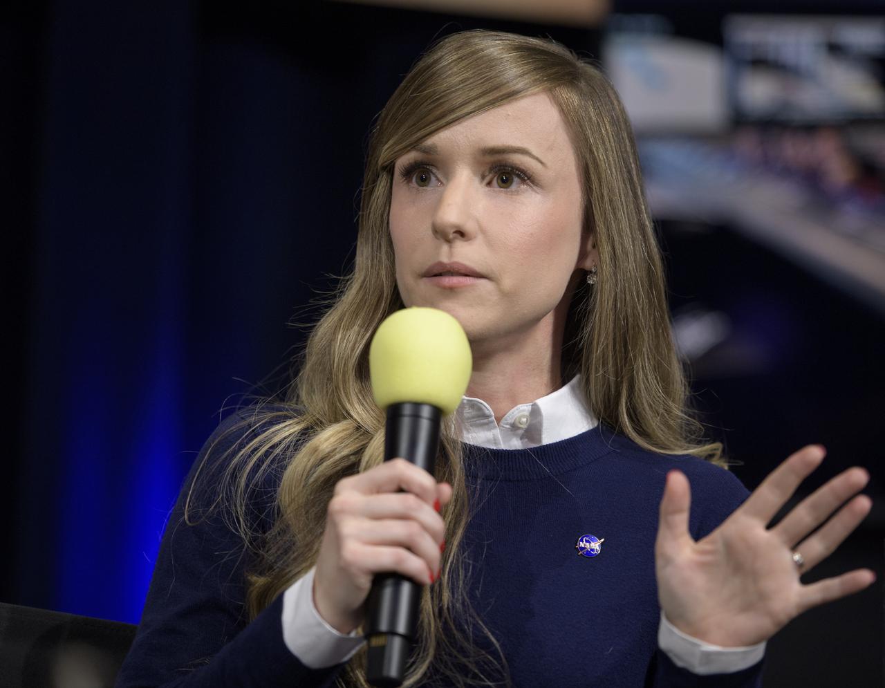 Aline Zimmer, EDL Systems Engineer, NASA JPL talks about Mars InSight during a social media briefing, Sunday, Nov. 25, 2018 at NASA's Jet Propulsion Laboratory in Pasadena, California.  InSight, short for Interior Exploration using Seismic Investigations, Geodesy and Heat Transport, is a Mars lander designed to study the "inner space" of Mars: its crust, mantle, and core. InSight is scheduled to touch down on the Red Planet at approximately noon PST (3 p.m. EST) on Nov. 26. Photo Credit: (NASA/Bill Ingalls)