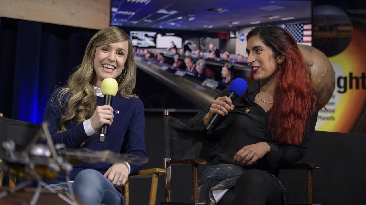 Aline Zimmer, EDL Systems Engineer, NASA JPL, left, and Farah Alibay, Payload Systems Engineer, NASA JPL, talk about Mars InSight during a social media briefing, Sunday, Nov. 25, 2018 at NASA's Jet Propulsion Laboratory in Pasadena, California.  InSight, short for Interior Exploration using Seismic Investigations, Geodesy and Heat Transport, is a Mars lander designed to study the "inner space" of Mars: its crust, mantle, and core. InSight is scheduled to touch down on the Red Planet at approximately noon PST (3 p.m. EST) on Nov. 26. Photo Credit: (NASA/Bill Ingalls)
