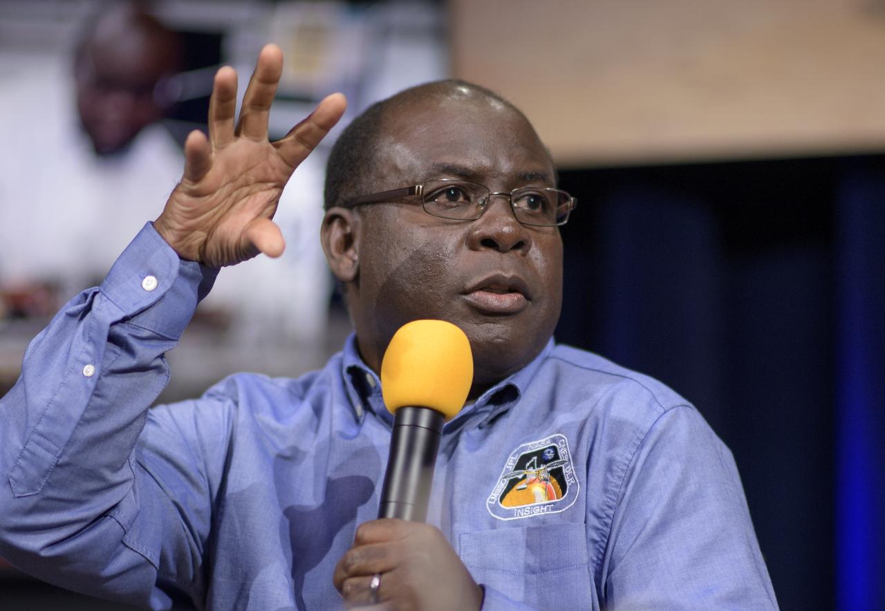 Ashitey Trebi-Ollennu, Instrument Deployment Lead, NASA JPL talks about Mars InSight during a social media briefing, Sunday, Nov. 25, 2018 at NASA's Jet Propulsion Laboratory in Pasadena, California.  InSight, short for Interior Exploration using Seismic Investigations, Geodesy and Heat Transport, is a Mars lander designed to study the "inner space" of Mars: its crust, mantle, and core. InSight is scheduled to touch down on the Red Planet at approximately noon PST (3 p.m. EST) on Nov. 26. Photo Credit: (NASA/Bill Ingalls)