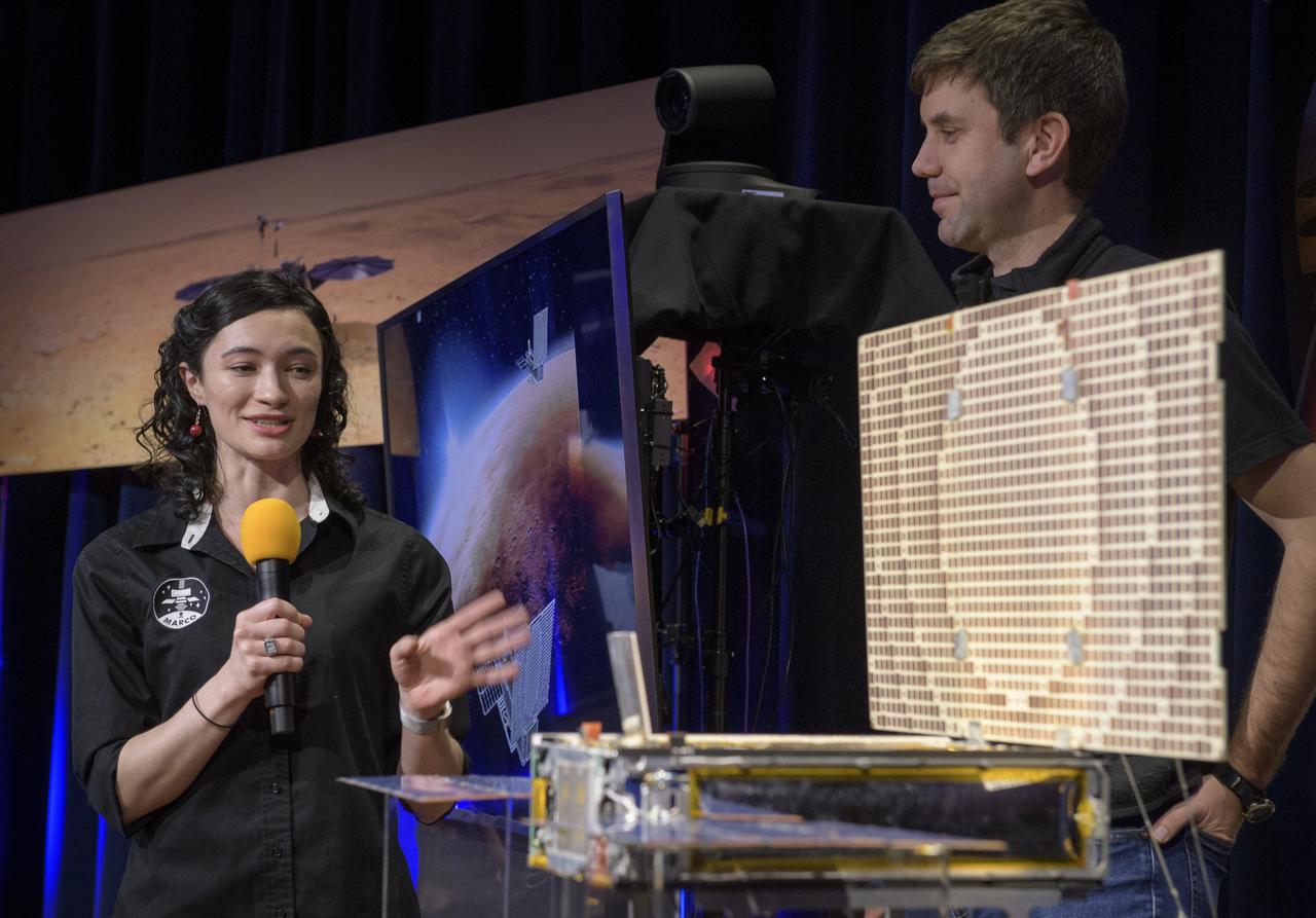 Annie Marinan, MarCO-B Missio Manager, NASA JPL, left, and Andy Klesh, MarCO chief engineer, NASA JPL, talk about Mars Cube One (MarCO) during a social media briefing, Sunday, Nov. 25, 2018 at NASA's Jet Propulsion Laboratory in Pasadena, California.  InSight, short for Interior Exploration using Seismic Investigations, Geodesy and Heat Transport, is a Mars lander designed to study the "inner space" of Mars: its crust, mantle, and core. InSight is scheduled to touch down on the Red Planet at approximately noon PST (3 p.m. EST) on Nov. 26. Photo Credit: (NASA/Bill Ingalls)