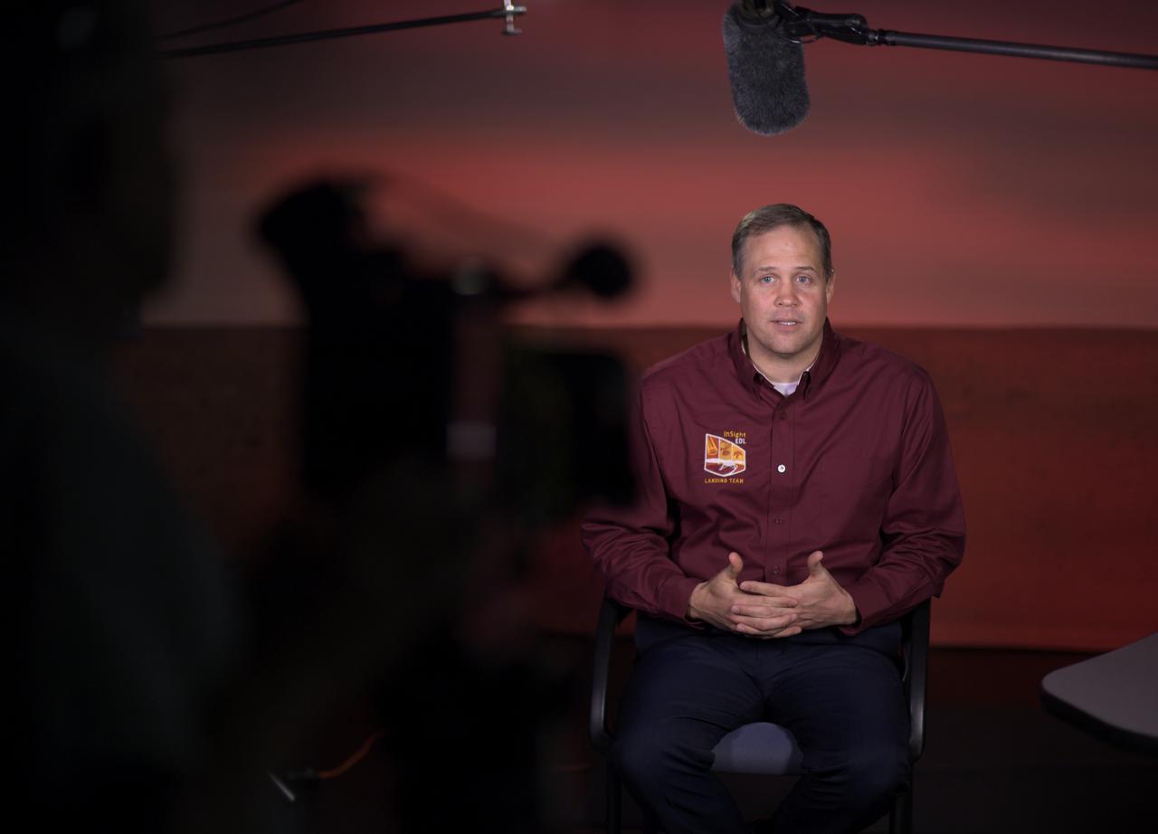 NASA Administrator Jim Bridenstine talks to multiple media outlets about Mars InSight, Monday, Nov. 26, 2018 at NASA's Jet Propulsion Laboratory in Pasadena, California. InSight, short for Interior Exploration using Seismic Investigations, Geodesy and Heat Transport, is a Mars lander designed to study the "inner space" of Mars: its crust, mantle, and core. InSight is scheduled to touch down on the Red Planet at approximately noon PST (3 p.m. EST) on Nov. 26. Photo Credit: (NASA/Bill Ingalls)