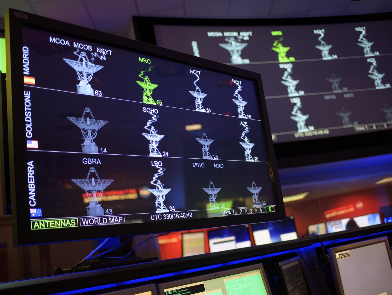 Monitors show the status of NASA's Deep Space Network ahead of the Mars InSight landing, Monday, Nov. 26, 2018 at NASA's Jet Propulsion Laboratory in Pasadena, California. InSight, short for Interior Exploration using Seismic Investigations, Geodesy and Heat Transport, is a Mars lander designed to study the "inner space" of Mars: its crust, mantle, and core. Photo Credit: (NASA/Bill Ingalls)