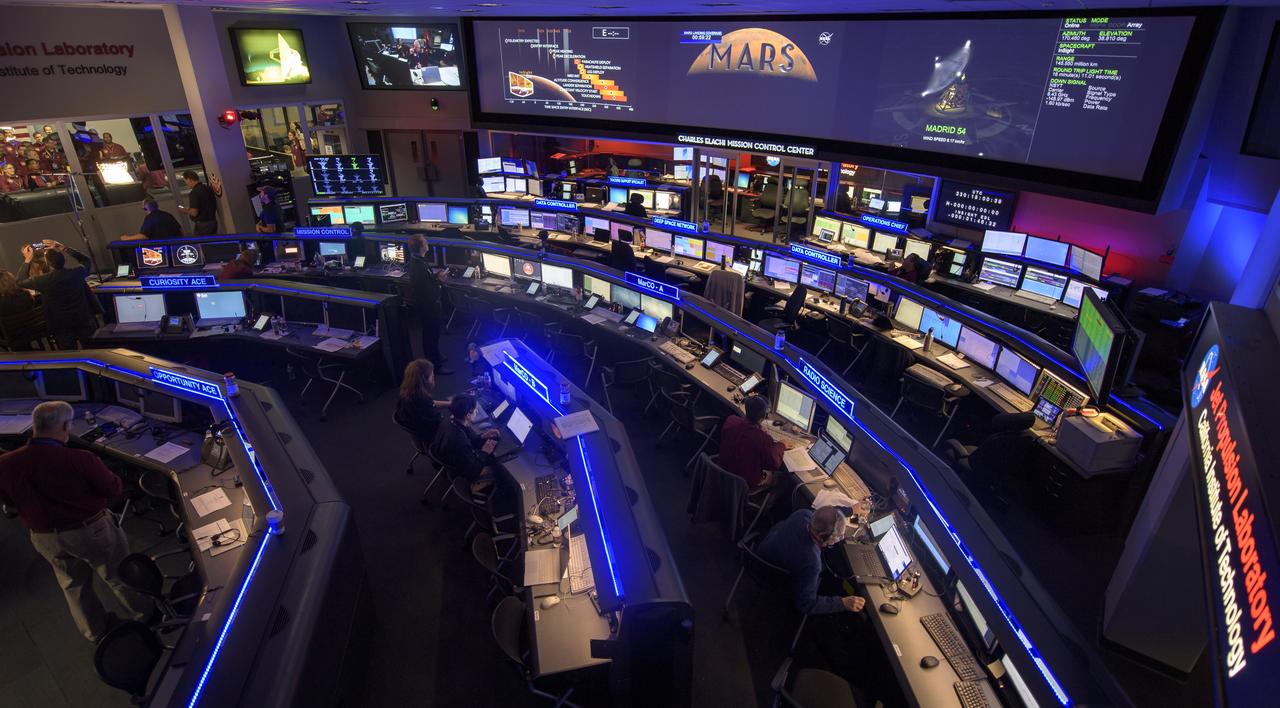 The Dark Room is seen as the Mars InSight and Mars Cube One (MarCO) teams prepare for a landing on Mars, Monday, Nov. 26, 2018 at NASA's Jet Propulsion Laboratory in Pasadena, California. InSight, short for Interior Exploration using Seismic Investigations, Geodesy and Heat Transport, is a Mars lander designed to study the "inner space" of Mars: its crust, mantle, and core. Photo Credit: (NASA/Bill Ingalls)
