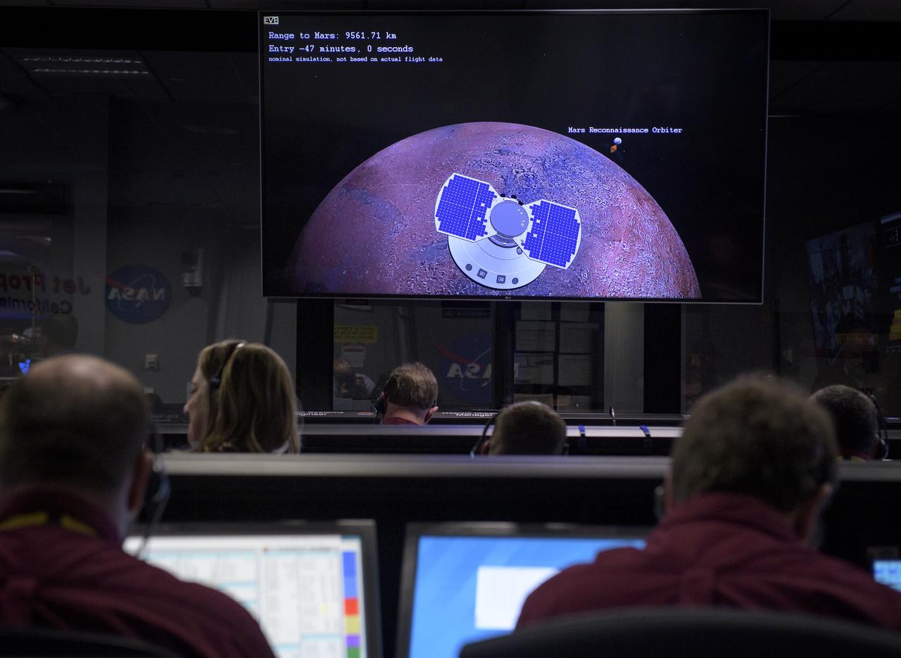 A monitor inside the Mission Support Area displays the status of Mars InSight and the Mars Cube One (MarCO) CubeSats prior to InSight touching down on Mars, Monday, Nov. 26, 2018 at NASA's Jet Propulsion Laboratory in Pasadena, California.  InSight, short for Interior Exploration using Seismic Investigations, Geodesy and Heat Transport, is a Mars lander designed to study the "inner space" of Mars: its crust, mantle, and core. Photo Credit: (NASA/Bill Ingalls)