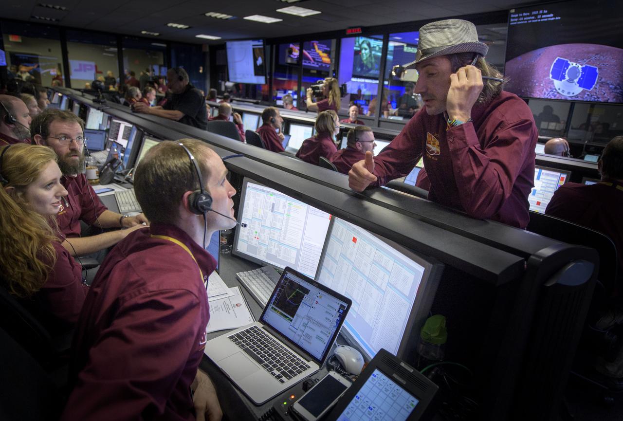 Mars InSight team members monitor the status of the lander prior to it touching down on Mars, Monday, Nov. 26, 2018 inside the Mission Support Area at NASA's Jet Propulsion Laboratory in Pasadena, California.  InSight, short for Interior Exploration using Seismic Investigations, Geodesy and Heat Transport, is a Mars lander designed to study the "inner space" of Mars: its crust, mantle, and core. Photo Credit: (NASA/Bill Ingalls)