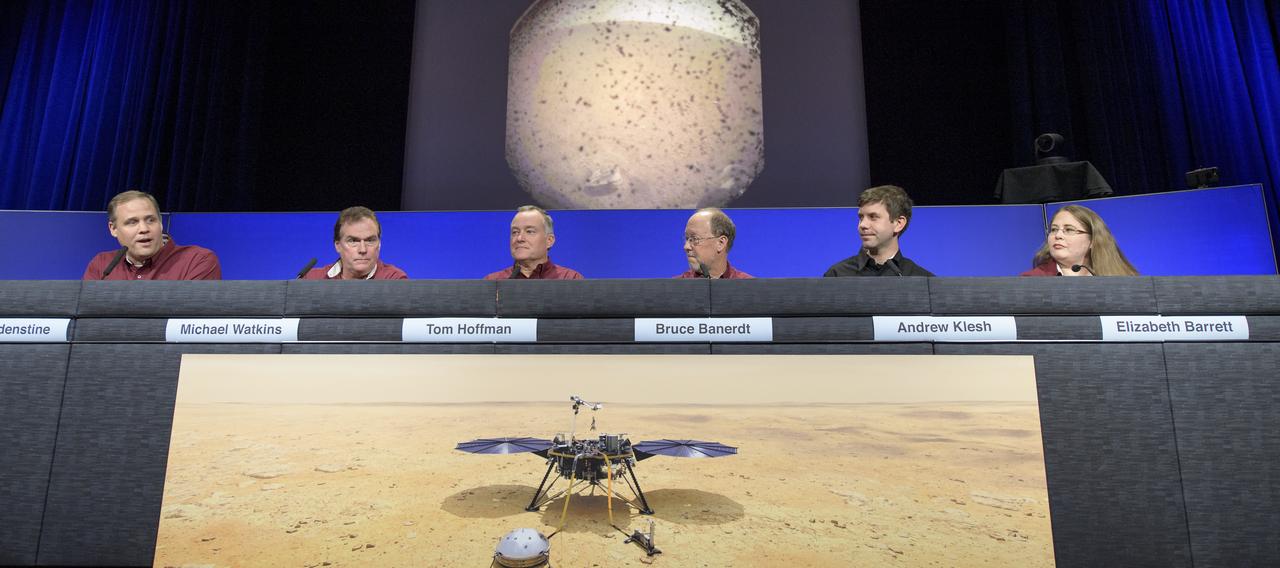 NASA Administrator Jim Bridenstine, left, JPL Director Michael Watkins, InSight Project Manager Tom Hoffman, InSight Principal Investigator Bruce Banerdt, MarCO chief engineer Andy Klesh, and InSight Instrument Operations Lead Elizabeth Barrett, give a Mars InSight post-landing press conference, Monday, Nov. 26, 2018 at NASA's Jet Propulsion Laboratory in Pasadena, California. InSight, short for Interior Exploration using Seismic Investigations, Geodesy and Heat Transport, is a Mars lander designed to study the "inner space" of Mars: its crust, mantle, and core. Photo Credit: (NASA/Bill Ingalls)