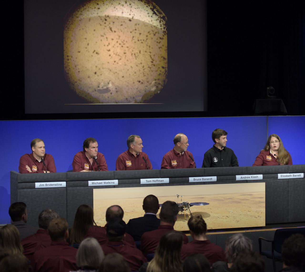 NASA Administrator Jim Bridenstine, left, JPL Director Michael Watkins, InSight Project Manager Tom Hoffman, InSight Principal Investigator Bruce Banerdt, MarCO chief engineer Andy Klesh, and InSight Instrument Operations Lead Elizabeth Barrett, answer questions during a Mars InSight post-landing press conference, Monday, Nov. 26, 2018 at NASA's Jet Propulsion Laboratory in Pasadena, California. InSight, short for Interior Exploration using Seismic Investigations, Geodesy and Heat Transport, is a Mars lander designed to study the "inner space" of Mars: its crust, mantle, and core. Photo Credit: (NASA/Bill Ingalls)